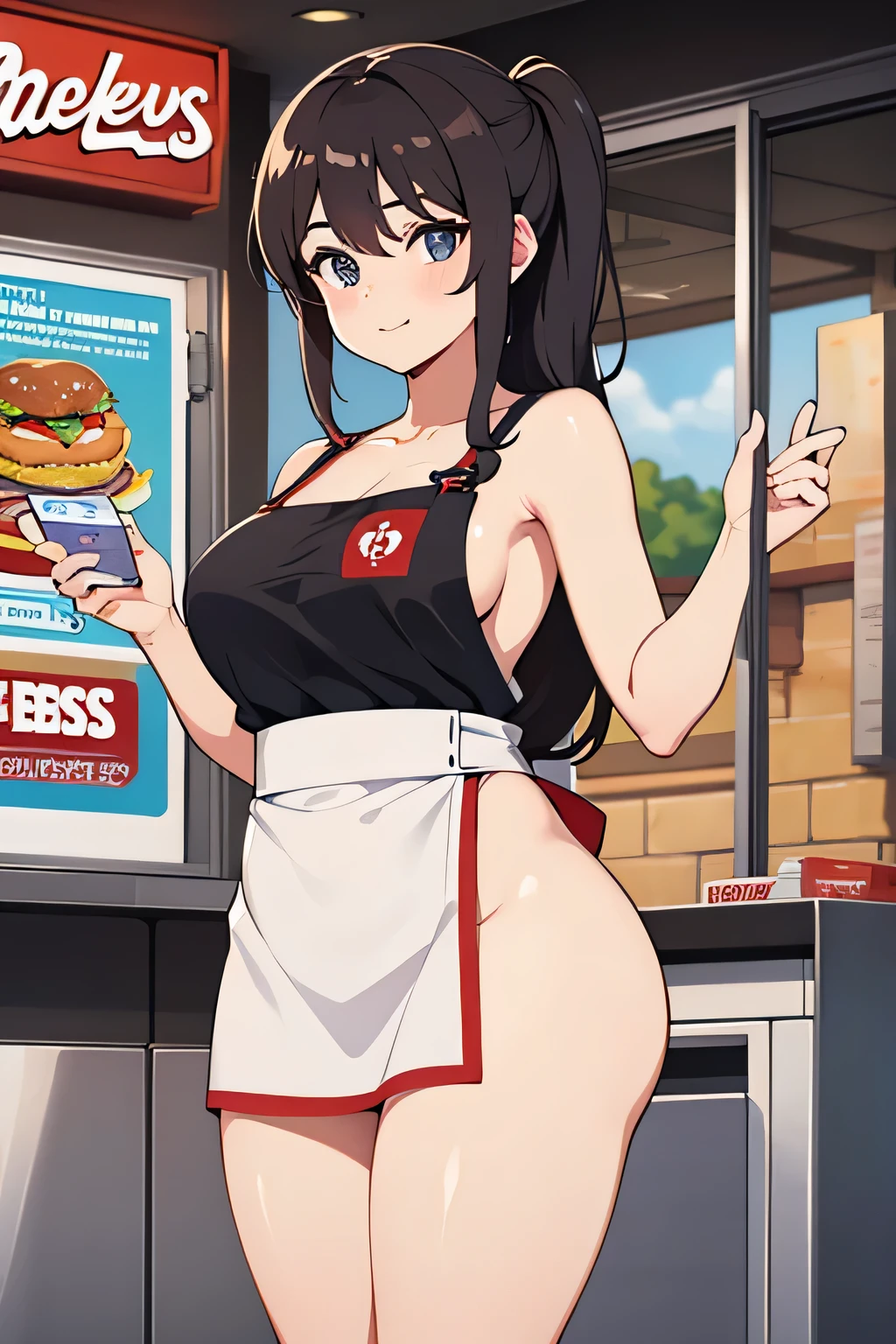 thick completely nude girl at wendy's only wearing an apron with the wendy's logo at the register
