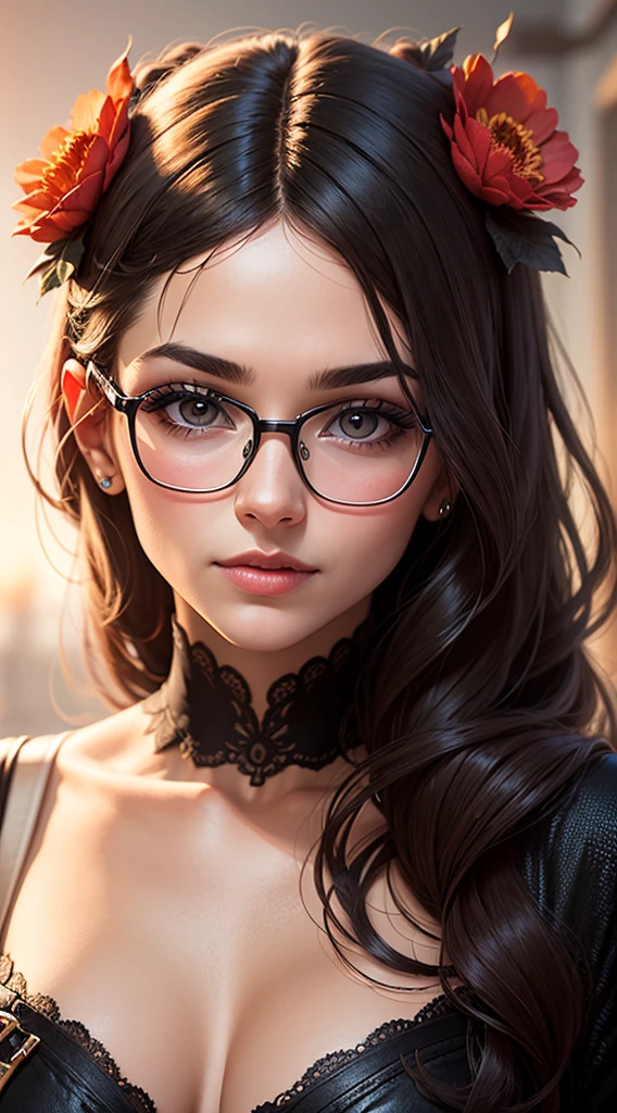 create banner with background with red flowers, with realistic female human face with brown to black skin, brown eyes, thick and well-defined eyebrows, upturned nose, from the region of Brazil.
add glasses to face, glasses. modern and elegant frame model in metal or acetate, and can have celebrated colors such as black, brown, red, among others. Lenses can be transparent or have a slight tint.