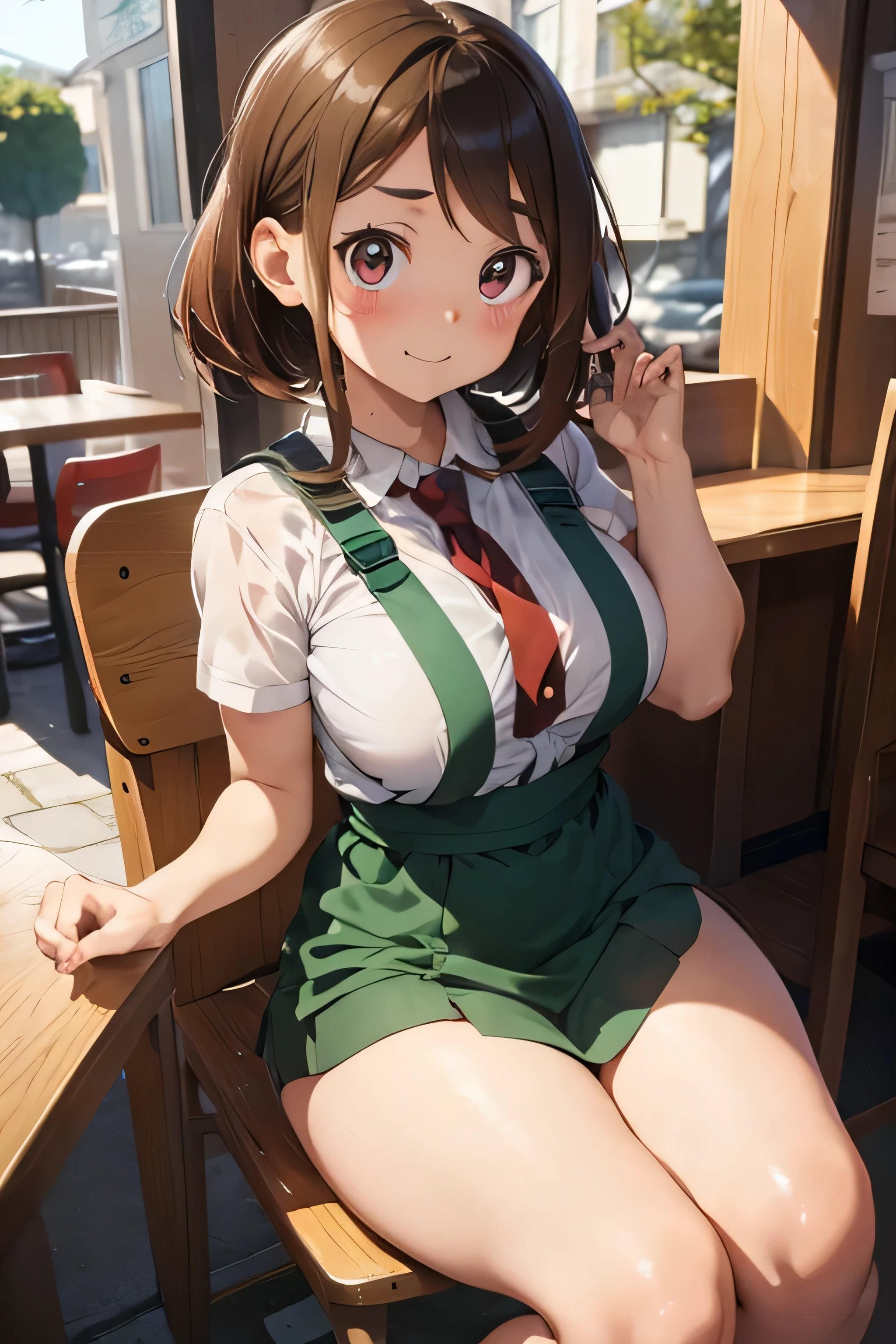 Ochako uraraka, lindo, sexy, desnudo, enormes tetas, en la cafeteria, Sientate en una silla, delantal verde starbucks, avergonzado, buen cuerpo, 