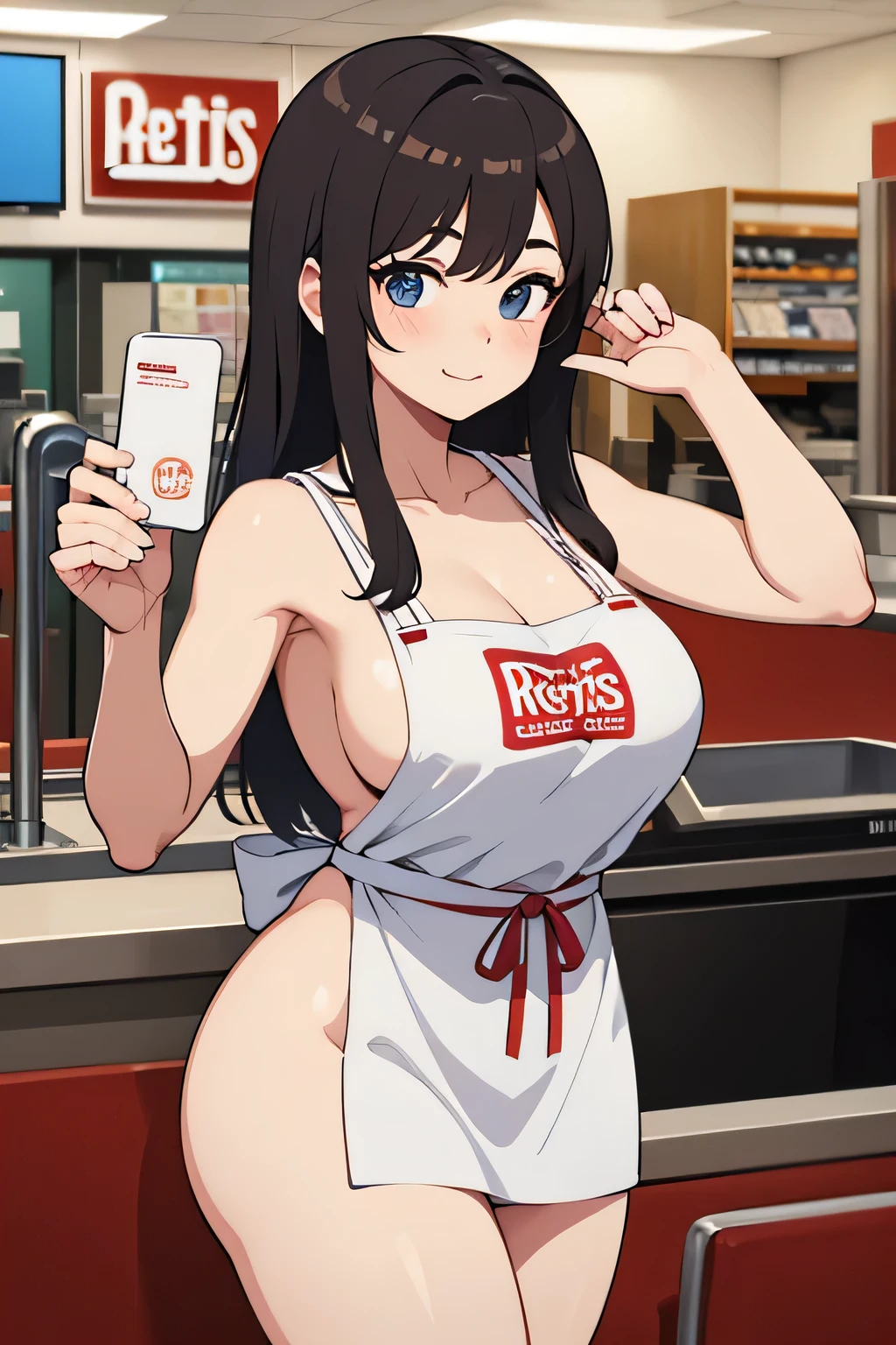 thick completely nude girl at wendy's only wearing an apron with the wendy's logo at the register
