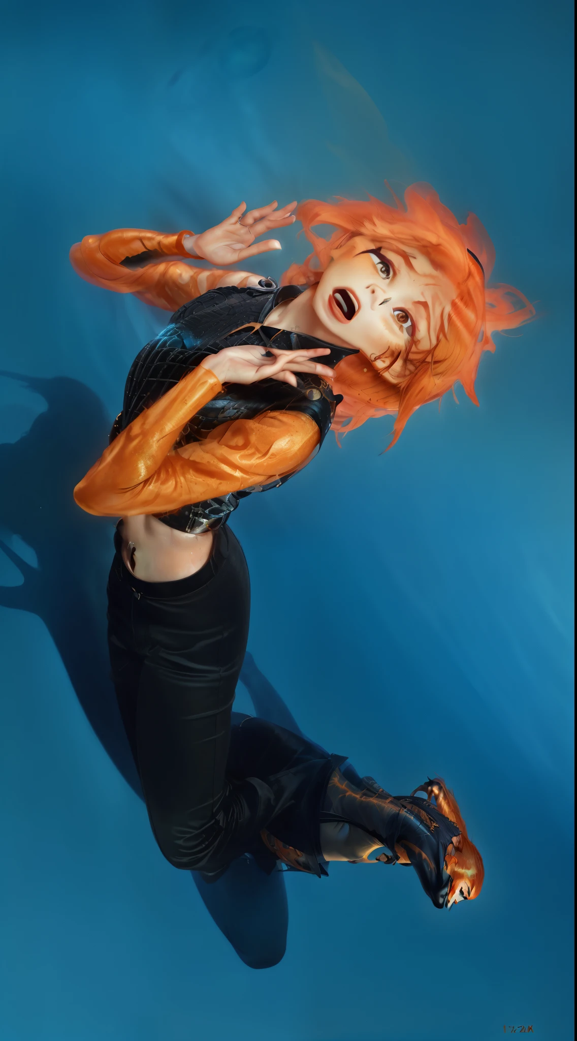 woman with orange hair and black pants is jumping in the air, orange hair floating on air, she is ember, she is made of fire, ember from elementals, a woman floats in midair, dramatic magic floating pose, in a jumping float pose, promotional images, promo image, photo from a promo shoot, portrait shot, promotional image, dramatic floating pose, leeloo, 5 th element, promotional photo, girl with orange hair, light on hair, shocked look, ember, shocked expression, surprised expression on her face, shocked expression on her face, advertising photo, glossy texture, smooth 3d model, multiple light sources, rim light, sharp post effects render, , perfect cgi, smooth silhouette, high intensity refraction, most beautiful vfx, blue background, realistic, 4k, high resolution, rim light detailed digital art, reflective, best quality, 4k, masterpiece:1.2, ultra-detailed, realistic, vivid colors, The image of the highest quality, ensuring every detail showcased perfectly. It in 4k resolution, allowing viewers to immerse themselves in the richness of the colors and intricate details. The realistic rendering. under the spotlight, reflecting, high-resolution image, realistic rendering