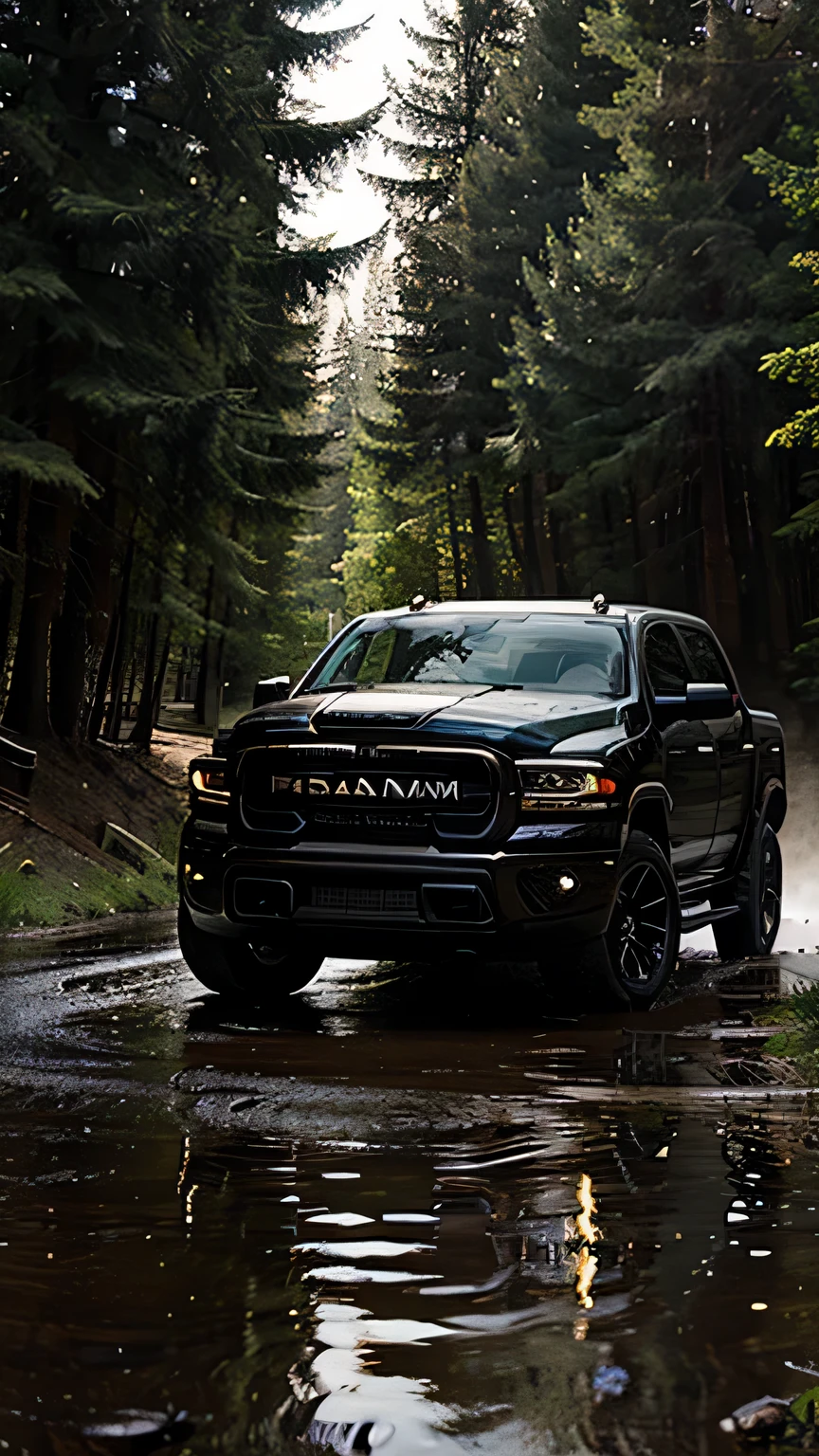 Black RAM pickup truck, Modified, sunlight, forest road, wet, water