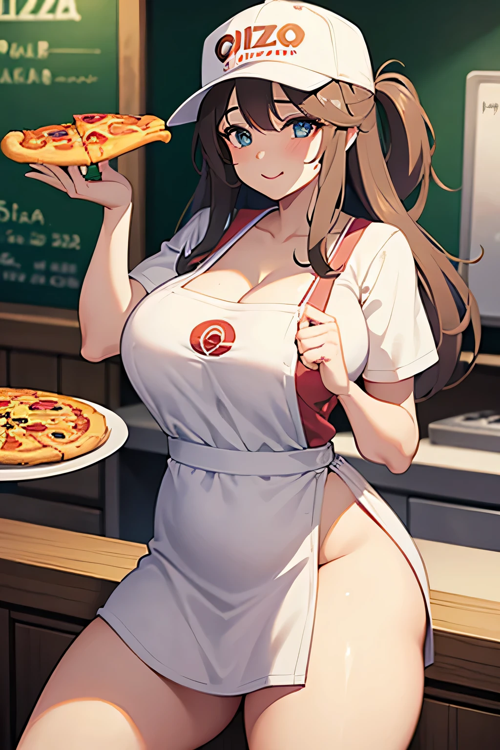 thick fat nude girl at pizza hat only wearing an apron with the pizza hat logo at the register
