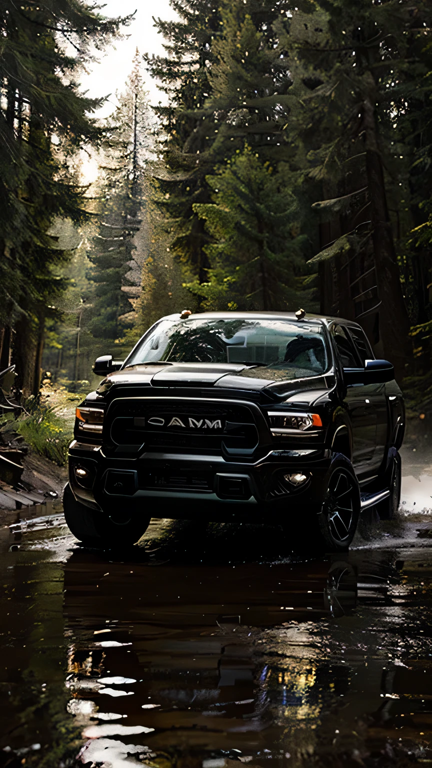 Black RAM pickup truck, Modified, sunlight, forest road, wet, water