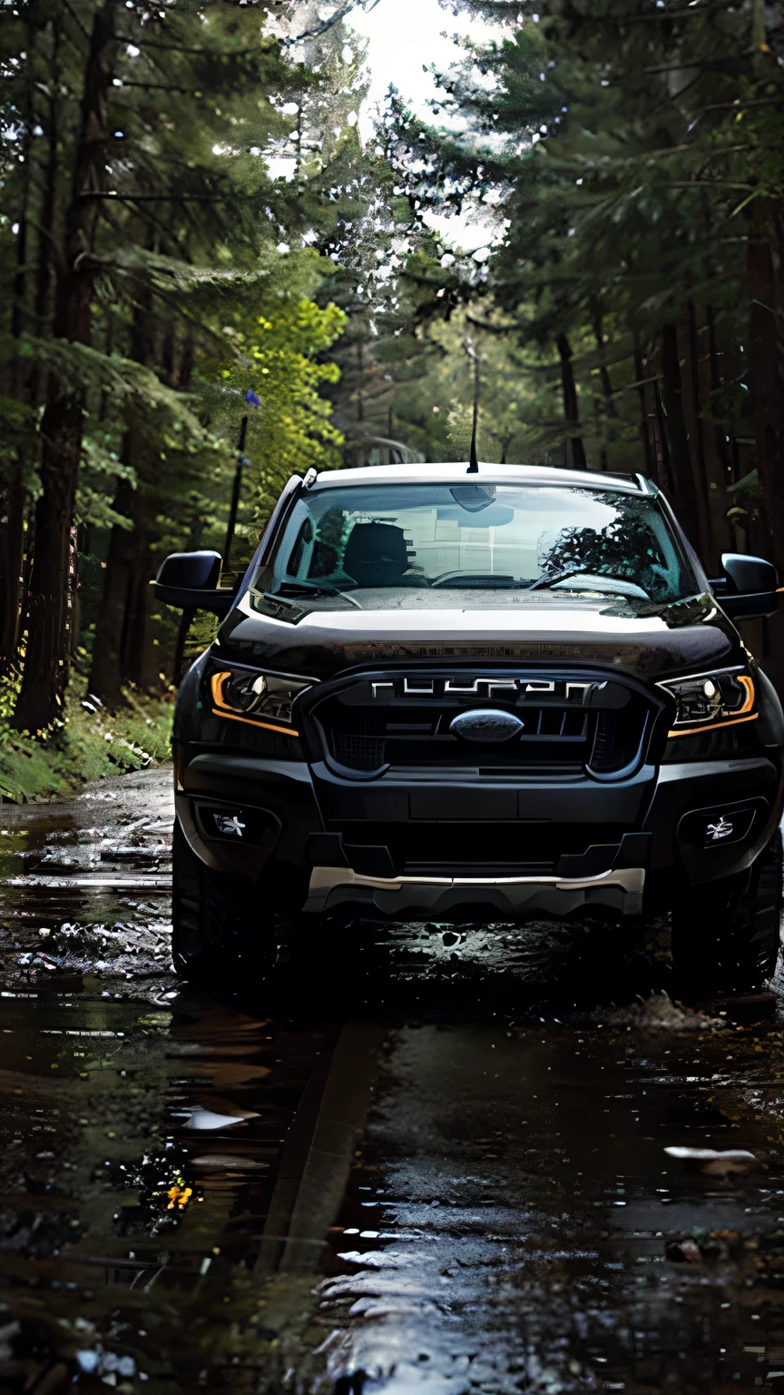 Black Ford Ranger pickup truck, Modified, sunlight, forest road, wet, water