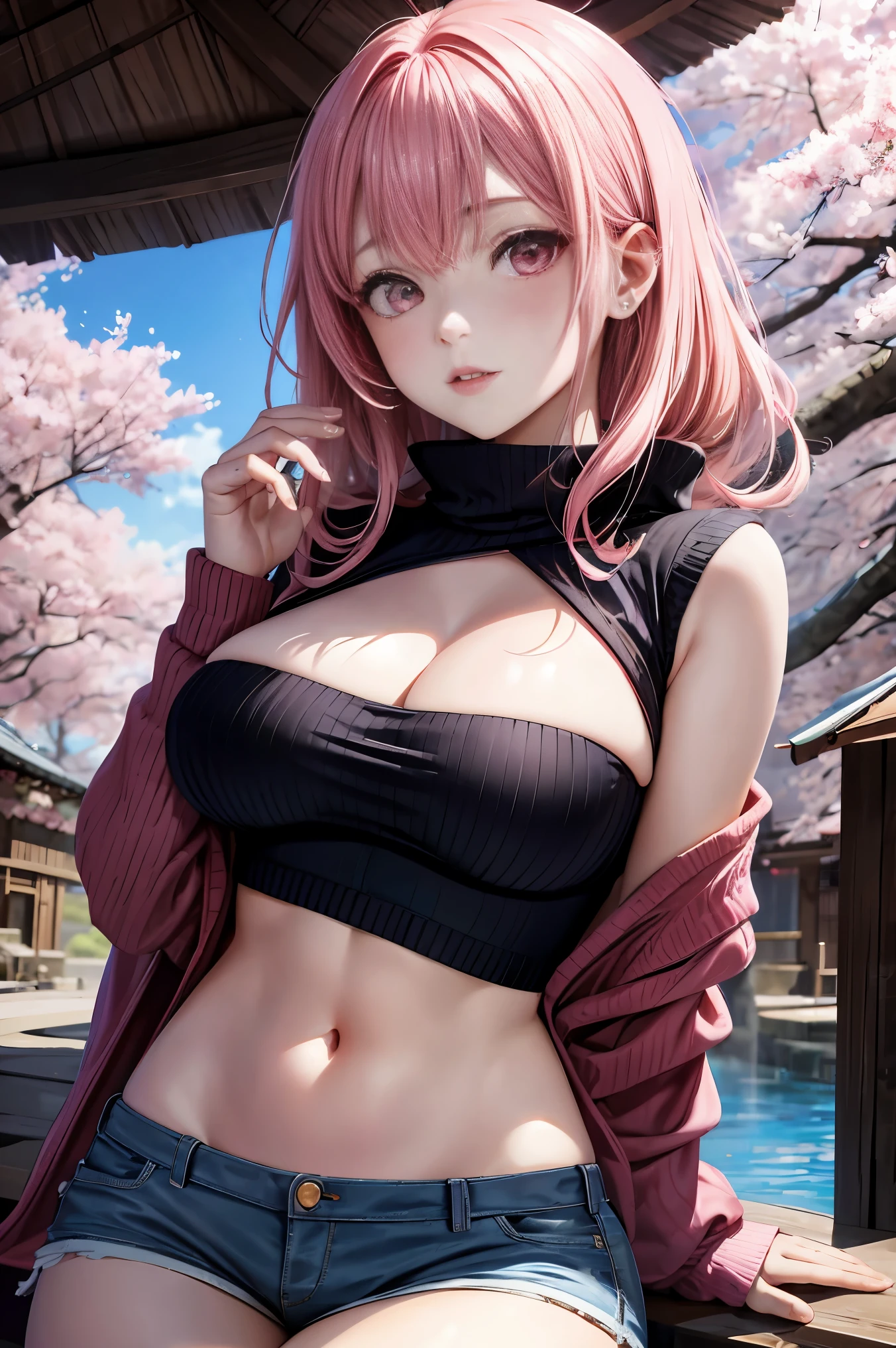 anime, one girl, pink hair、semi-long、pink eyes、dense lips、Red knitwear、Black shorts、beautiful skin、beautiful breasts、emphasizes the cleavage、hot spring town、cherry blossoms、sunlight、perfect lighting masterpiece、high resolution、ultra high resolution、16K