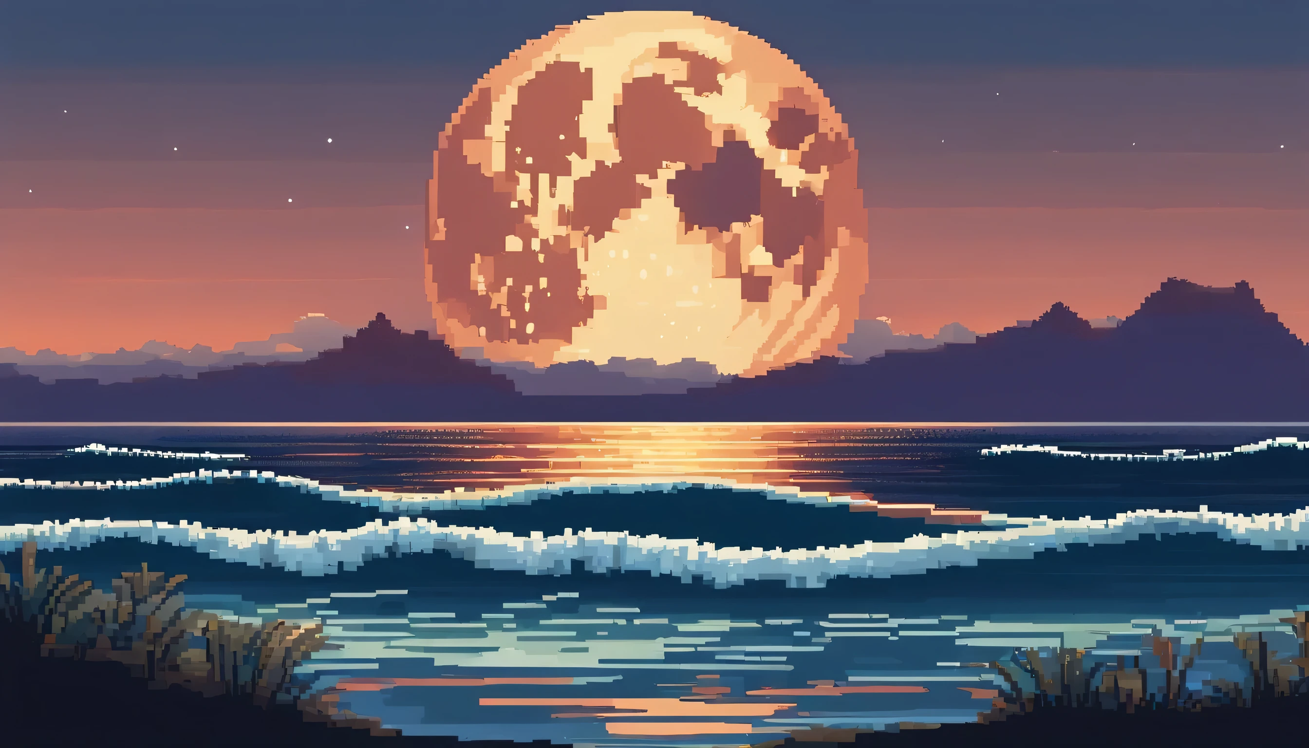 Pixel art of a huge moon floating above a calm ocean, beautiful detailed Pixel art, detailed Pixel art, faithful retro video game, concept pixel art, detailed Pixel artwork, pixelart style, pixel town, pixel art animation, High-quality Pixel art, dolphin jumps from the sea, Super detailed color low poly art, #Pixel art:3, # Pixel art, #Pixel art
