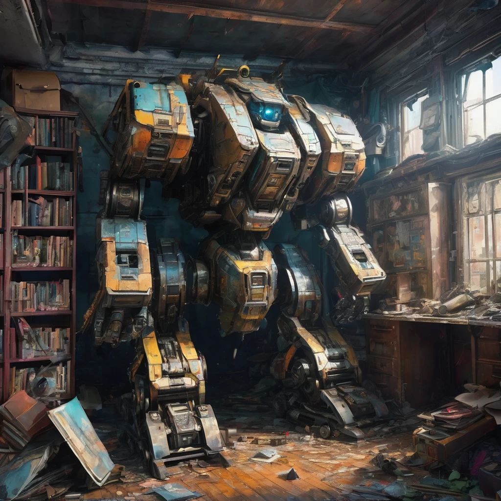 Abandoned Mech, aesthetic, extremely detailed, eye catching, drab, St Helliers Boys Home.....abandoned 50 years ago....old school books littering the floor ..mildew, massive hulking partly human cyborg beast abandoned postapocalyptic wasteland Hyper-detailed masterpiece by Joe Fenton Tracy J. Butler Brian Kesinger WLOP Wadim Kashin Ismail Inceoglu Jordan Grimmer splash art watercolor dark and gritty, Epic cinematic brilliant stunning intricate meticulously detailed dramatic atmospheric maximalist digital matte painting