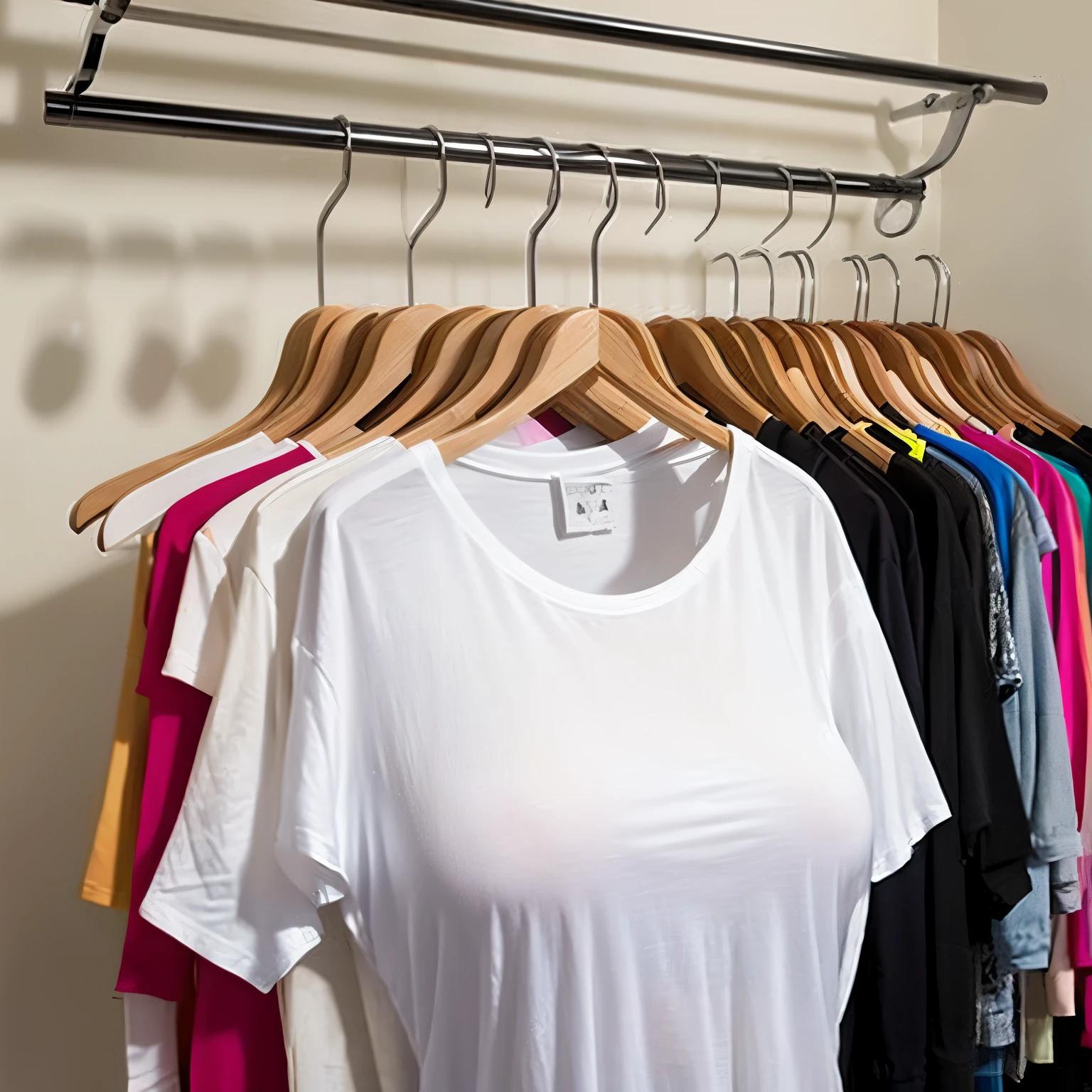 shapely, in closet, t-shirt hanged on hanger, on hanger, chubby, fat, (invisible, no humans, headless, faceless:1.5), cute big breasts