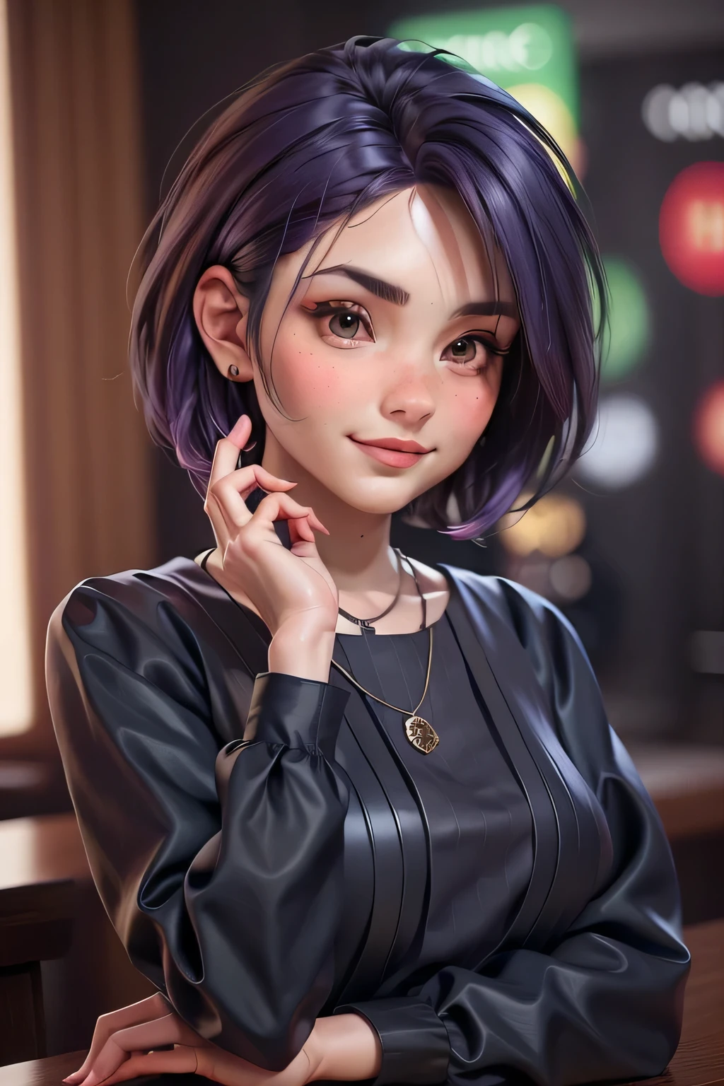 masterpiece, best quality, 3d rending work, 3DMM style, close-up, portrait, 3d, solo, purple hair, necklace, freckles, jewelry, two-tone hair, looking to the side, realistic, upper body, coffee shop and rainy outside background, bangs, looking away, ultra short hair, lips parted, brown eyes, lips, makeup, mole, suit