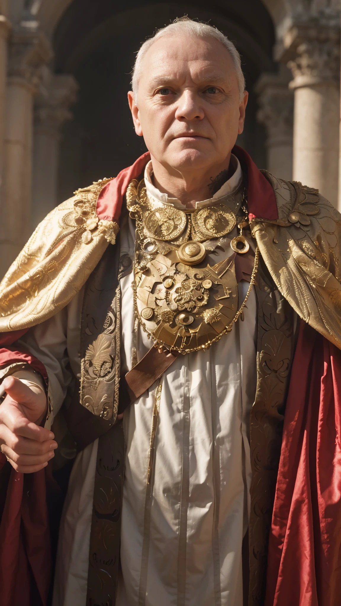 a close up of a person vespasian wearing a costume, crusader kings, anthony hopkins, from the sandman netflix show, dressed in roman clothes, he is about 6 0 years old, official poster, absolute chad, catholic punk, white crown, wearing a toga, 2 1 savage, subtitles, highly upvoted, golden collar