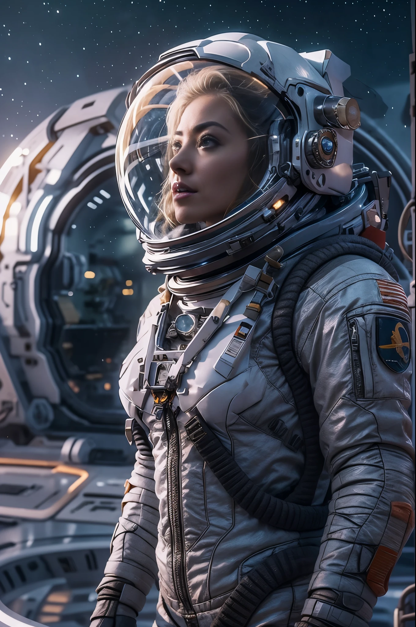 Masterpiece, desolated planet landscape, solitary female astronaut, a beautiful 25 years old european blonde woman, space and stars, electrric atmosphere,  utility belt, Metallic Gray Zinc, sci-fi, ultra high res.photorealistic, 16k, UHD, HDR, the best quality, body-tight astronaut suit, intricate, the most fantastic details, RAW, dramatic lighting, full body, space ships in the sky, realistic reflections, sunrise, to scale, lonely, determined, dynamic posture, a space military compound in the background
