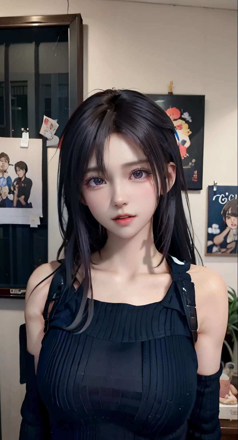 Anime girl with long hair and blue shirt posing for photo, Realistic anime 3D style, Realistic 3D animation, realistic anime, realistic anime girl render, Smooth anime CG art, anime styled 3d, realistic anime art style, Anime realistic style, anime style. 8k, Realistic young anime girl, Cute 3D anime girl rendering