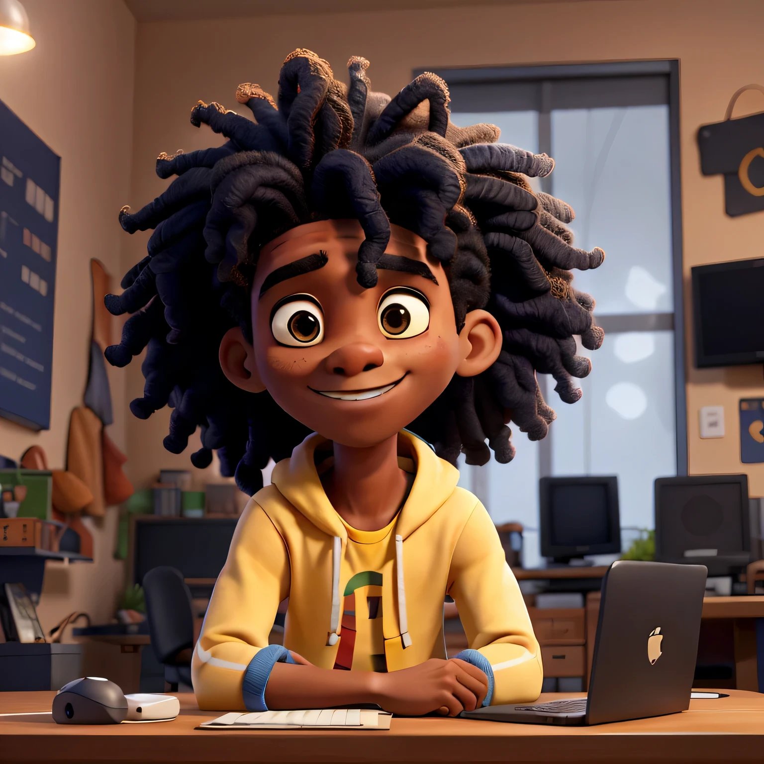 a african-american anime like young guy with a coiling long afro hair sitting in a video game type of chair with a well designed laptop on the table in front of him, wearin a black hoodie, with a headphone around his neck, the background should be like studio/game/tech type of room that is a little bit blur, with a blue and yellow light bowsing around the guy and the room