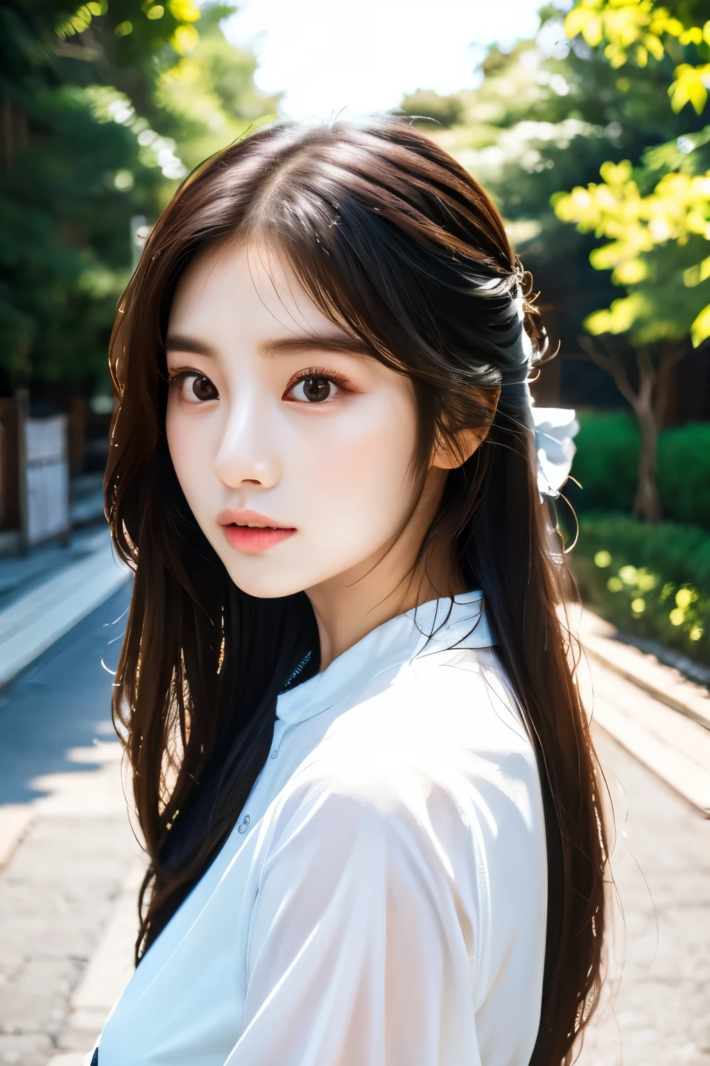 there is a woman with long hair wearing a white shirt, ulzzang, korean girl, heonhwa choe, sakimichan, xintong chen, sun yunjoo, lee ji - eun, lee ji-eun, wenfei ye, jaeyeon nam, park ji-min, jinyoung shin, chiho, yun ling, gongbi