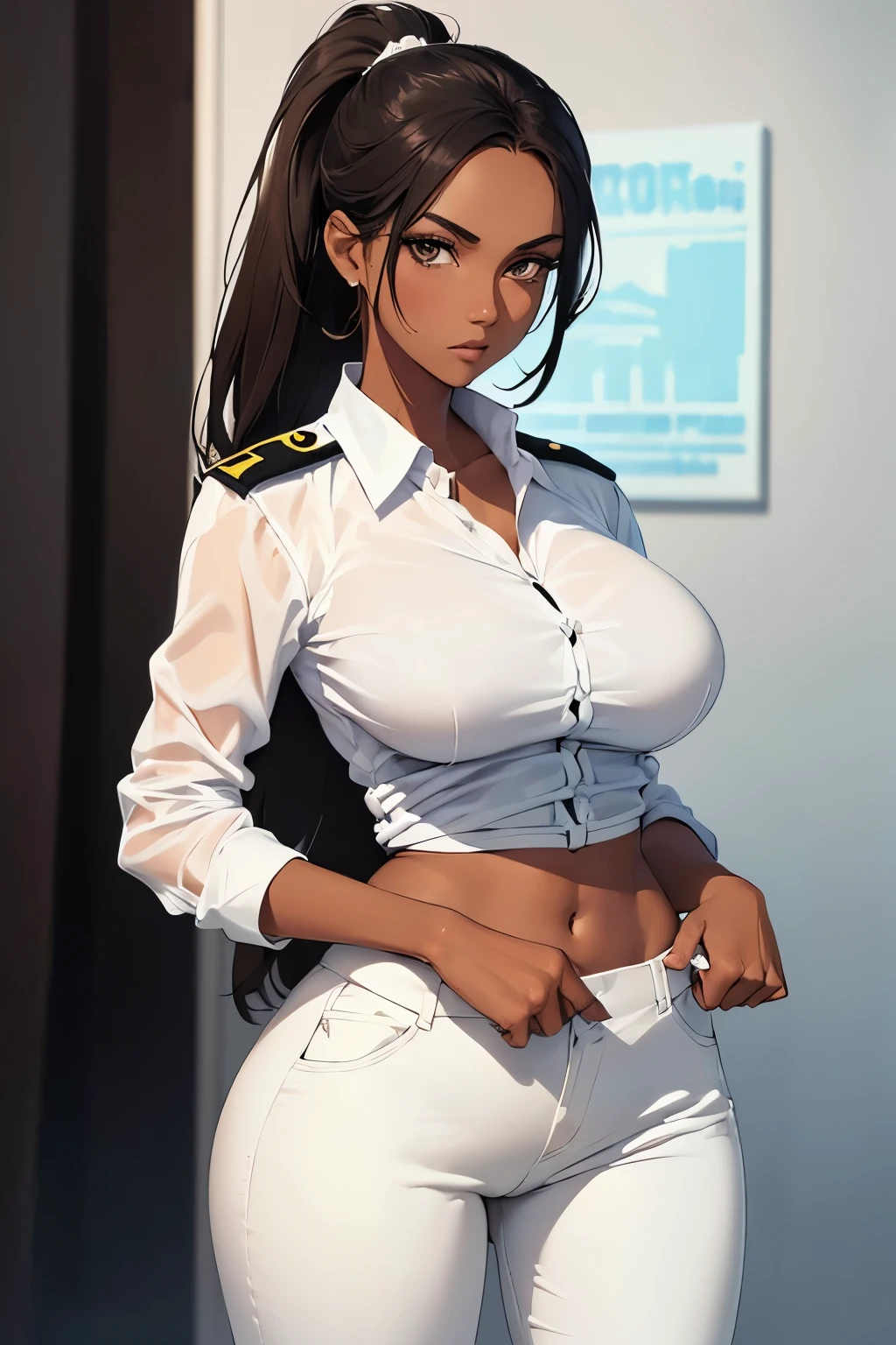 (masterpiece, best quality, detailed illustration, high resolution), ((1girl, solo)), ((huge breasts, slim waist, long legs, fit body, toned body)), ((black hair)), ((police uniform)), ((full body, closeup view)), ((standing)), ((looking at the viewer, facing the viewer)), ((tan skin, tanned skin)), oiled skin, ((large breasts)), ((police girl, female cop)), ((white shirt, brown pants)), ((ponytail)), 25 years old woman, ((straight hair))