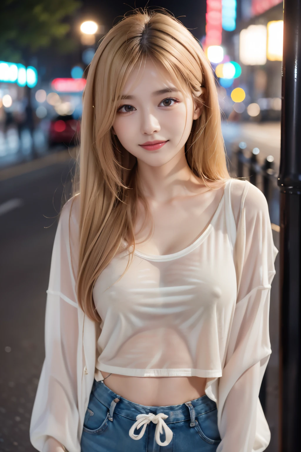 ((highest quality)), ((masterpiece)), (cinematic aesthetic:1.4) Beautiful Asian fashion model bokeh city night photo,Facial features include thin eyebrows,Eyes double eyelids,super long hair,hair color is blonde,transparent skin,Happy smile,blush,tight t-shirt,shorts,Beautiful feet,sneakers,Default,whole body,looking at the camera,
