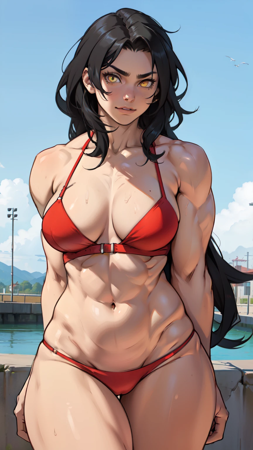 (((muscular girl toned body large breasts thick perfect anatomy))) yellow eyes black hair pale best quality