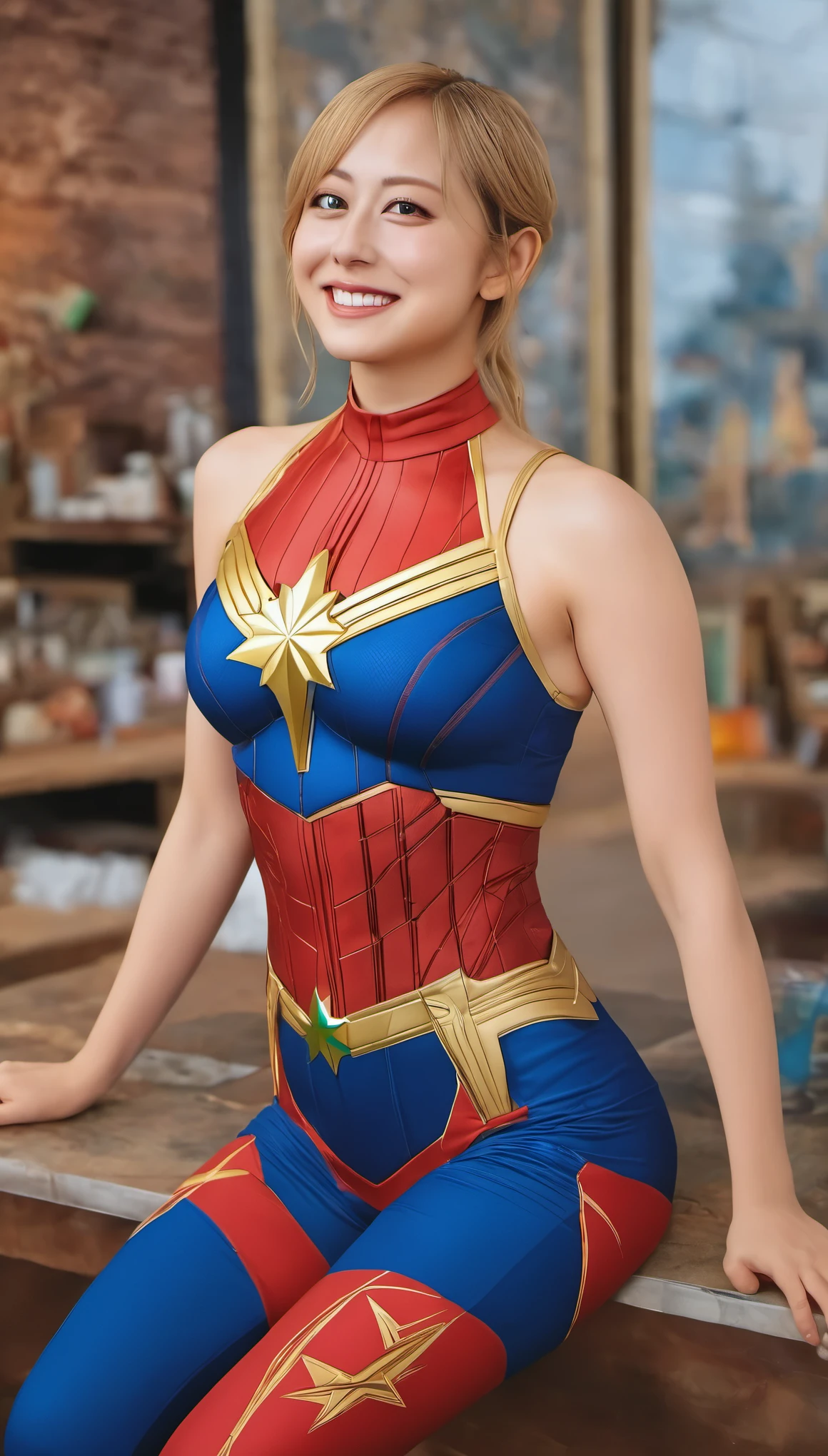 (Highest image quality, realistic depiction),a choker,fullnude,(A beautiful woman expressing Captain Marvel with navy and red body paint),Colossal tits,((a blond、ultramarine eyes)),Sit with your legs spread wide,show pussy,