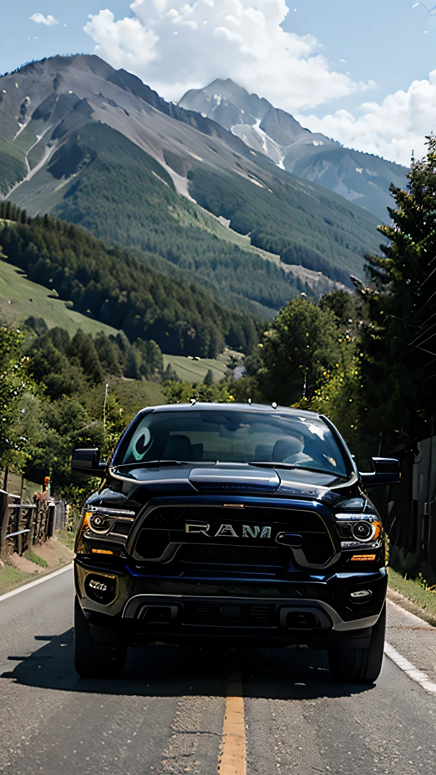 Black RAM pickup truck, Modified, sunlight, Mountain road, wet, water, vivid color