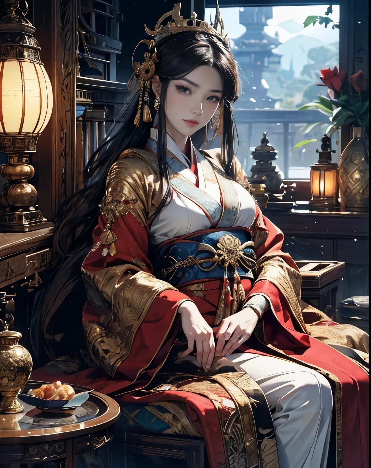 red and yellow tones, very beautiful woman, fox queen, she looks 20 years old, The beauty of the leaning country, passion, poor, cute, playful look, beautiful kimono, Oiran, mandala, queen of the red light district, Works that influenced Chen Yifei, Works that influenced Francesco Hayes, Inspired by Hendrik Terbruggen, Jean=Works that influenced Auguste Dominique Ingres, Works that influenced Liu Jun, Jean=Works that influenced Auguste Dominique Ingres, highest quality, perfect angle, perfect composition, best shot, official art, cinematic light, figurative art, Beautiful and expressive paintings, 華やかで明Rui画風, Beautiful artwork illustration, wonderful, cool beauty, clear, Muromachi Fantasy, Mysterious, Mysterious, highest quality, official art, perfect composition, perfect angle, best shot, Perfect light and shadow contrast, Japanese-European eclectic, very stylish style, very fashionable, Beautiful and delicate effects, women only, sharp outline, pretty much beautiful face, Rui々the charm of a beautiful young woman, highly detailed beautiful eyes, Very delicate eyes, Snow Moon Wind Flowers, Dream Bubble, close