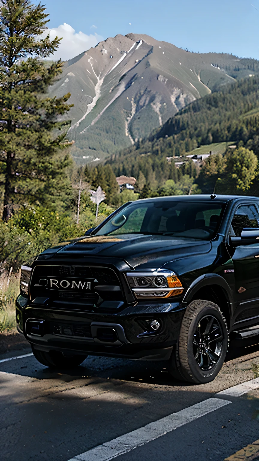 Black RAM pickup truck, Modified, sunlight, Mountain road, wet, water, vivid color