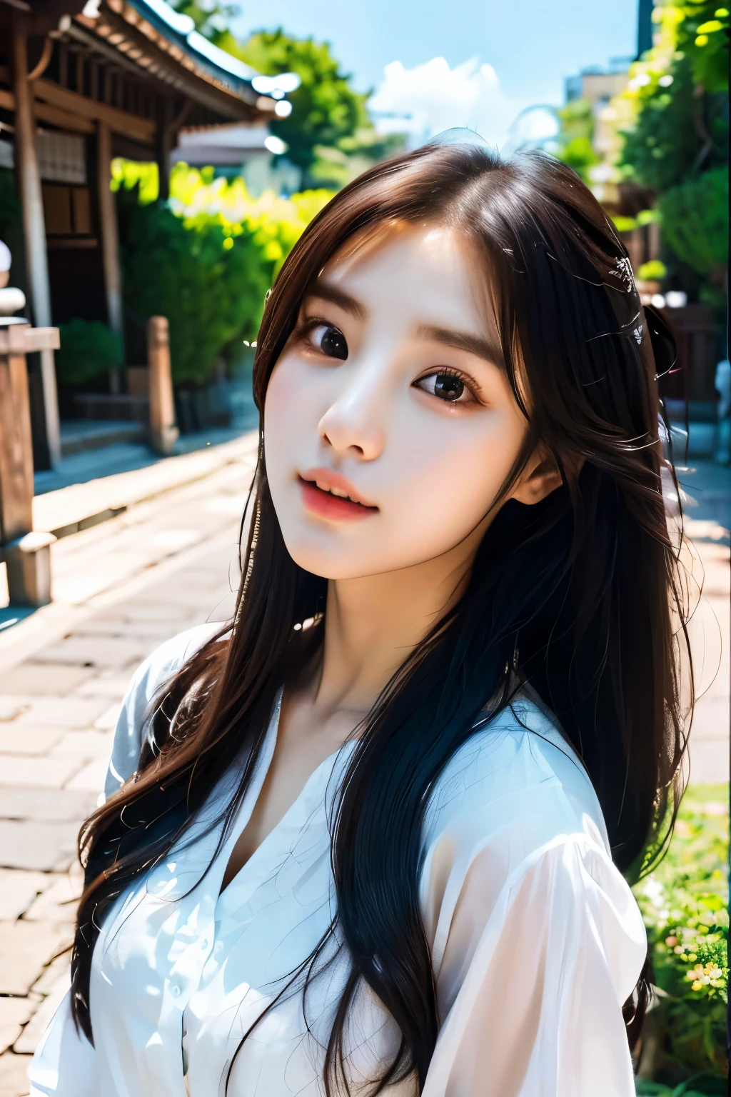 there is a woman with long hair wearing a white shirt, ulzzang, korean girl, heonhwa choe, sakimichan, xintong chen, sun yunjoo, lee ji - eun, lee ji-eun, wenfei ye, jaeyeon nam, park ji-min, jinyoung shin, chiho, yun ling, gongbi