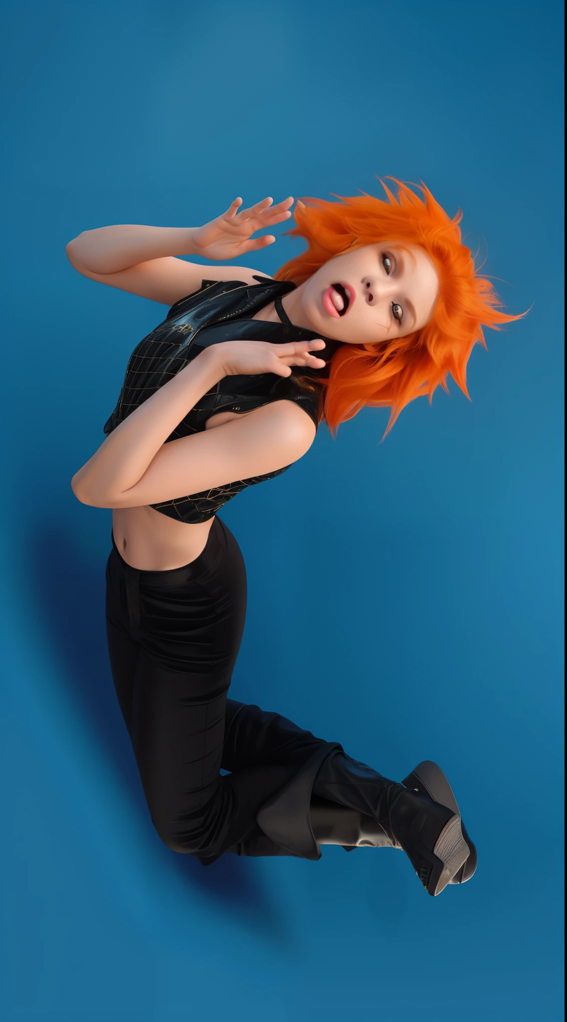 woman with orange hair and black pants is jumping in the air, orange hair floating on air, she is ember, she is made of fire, ember from elementals, a woman floats in midair, dramatic magic floating pose, in a jumping float pose, promotional images, promo image, photo from a promo shoot, portrait shot, promotional image, dramatic floating pose, leeloo, 5 th element, promotional photo, girl with orange hair, light on hair, shocked look, ember, shocked expression, surprised expression on her face, shocked expression on her face, advertising photo, glossy texture, smooth 3d model, multiple light sources, rim light, sharp post effects render, , perfect cgi, smooth silhouette, high intensity refraction, most beautiful vfx, blue background, realistic, 4k, high resolution, rim light detailed digital art, reflective, best quality, 4k, masterpiece:1.2, ultra-detailed, realistic, vivid colors, The image of the highest quality, ensuring every detail showcased perfectly. It in 4k resolution, allowing viewers to immerse themselves in the richness of the colors and intricate details. The realistic rendering. under the spotlight, reflecting, high-resolution image, realistic rendering