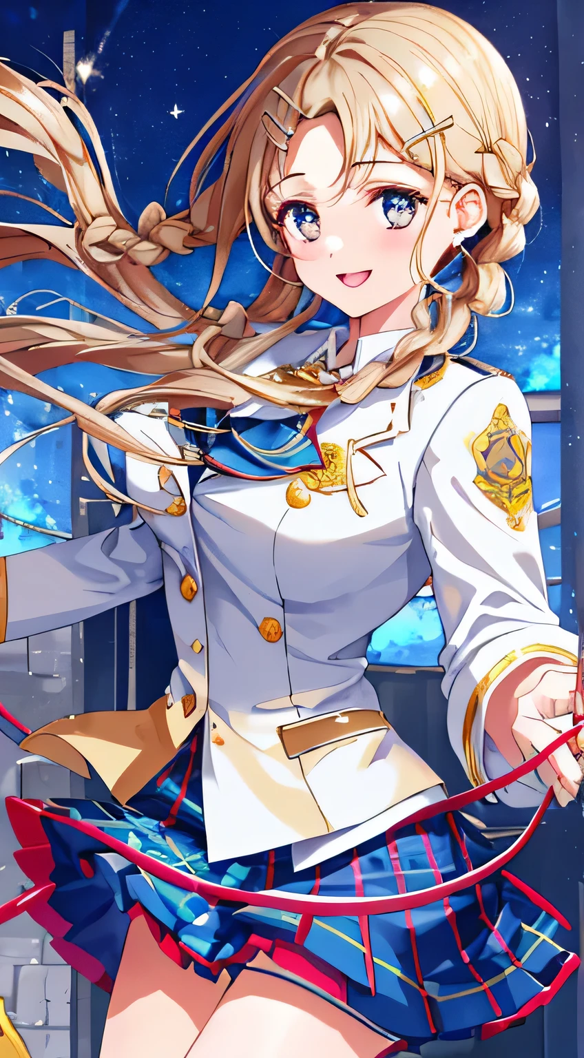 highest quality, (masterpiece:1.2), very detailed, In the background, there are many statues of goddesses lined up., 1 girl, Open your mouth with lipstick on it, nice smile, brown eyes, Long brown hair, 15 years old, long braids, big shiny hair clip, school uniform, Dark blue and navy plaid skirt, middle long skirt, white shirt, A luxurious navy blazer with a golden emblem on the left chest, big red ribbon on the chest, lipstick、very shiny hair、laughter、bright look、The light makes my face and hair shine, The corners of the eyes are drooping, cute braids, I&#39;m so happy I can jump up, The expression of a maiden in love, twin braid hair, The skirt fabric is a beautiful deep blue color., a shy look