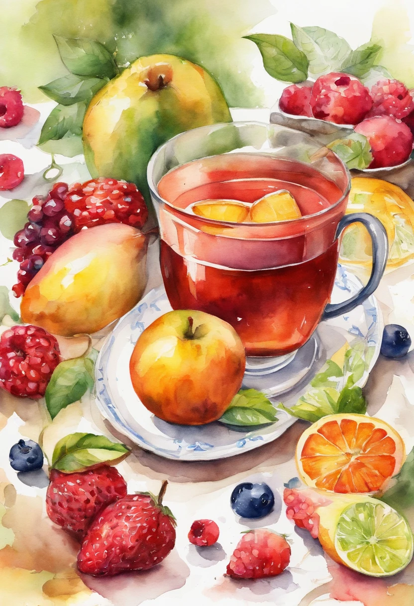 Fruit tea,a big cup,watercolor,intricate details,The content is very detailed,White background