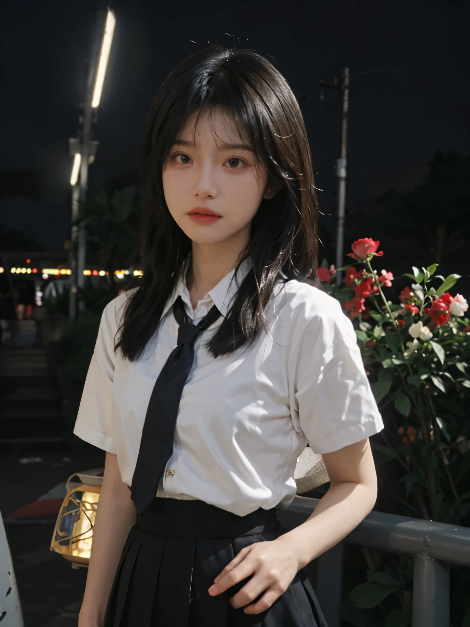 best quality, ultra high resolution, (realistically:1.4),(night),(looking at the audience:1.331),(White hair),placed in a,night view,Soft light,1 girl,extremely beautiful face,Bust,hands down,random hair style,random expression,big eyes,arwen,(short sleeves。Jie Kang_shirt), Jie Kang_style, (darkblueJie Kang_skirt), (bowJie Kang_tie), Mix 4., best quality