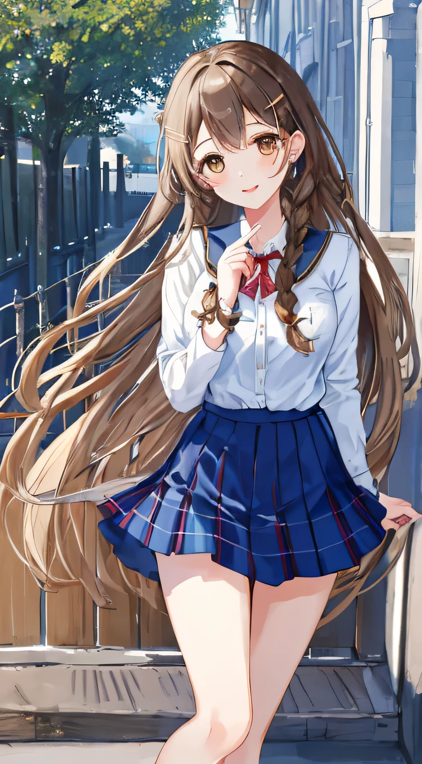 highest quality, (masterpiece:1.2), very detailed, In the background, there are many statues of goddesses lined up., 1 girl, Open your mouth with lipstick on it, nice smile, brown eyes, Long brown hair, 15 years old, long braids, big shiny hair clip, school uniform, Dark blue and navy plaid skirt, middle long skirt, white shirt, A luxurious navy blazer with a golden emblem on the left chest, big red ribbon on the chest, lipstick、very shiny hair、laughter、bright look、The light makes my face and hair shine, The corners of the eyes are drooping, cute braids, I&#39;m so happy I can jump up, The expression of a maiden in love, twin braid hair, The skirt fabric is a beautiful deep blue color., a shy look
