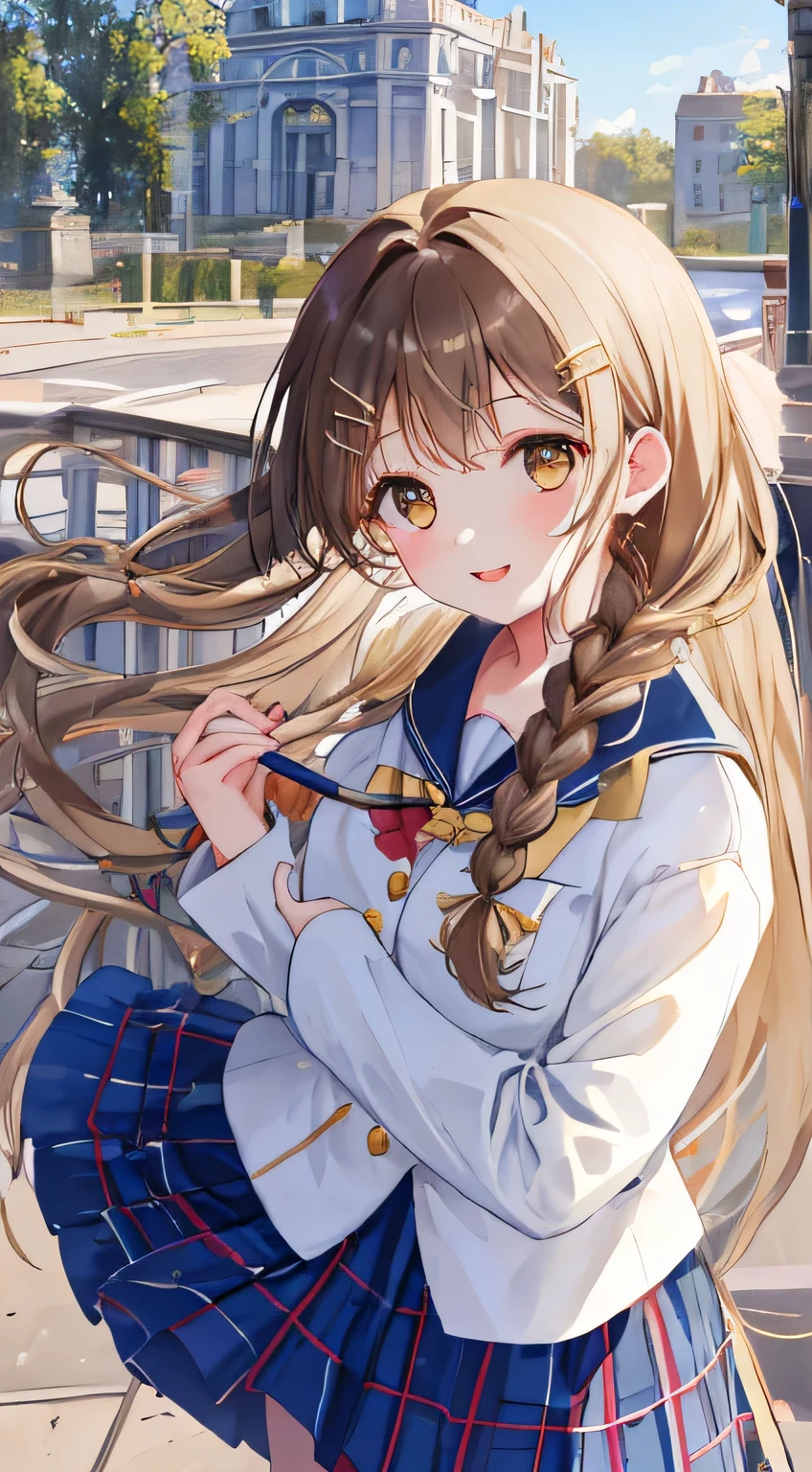 highest quality, (masterpiece:1.2), very detailed, In the background, there are many statues of goddesses lined up., 1 girl, Open your mouth with lipstick on it, nice smile, brown eyes, Long brown hair, 15 years old, long braids, big shiny hair clip, school uniform, Dark blue and navy plaid skirt, middle long skirt, white shirt, A luxurious navy blazer with a golden emblem on the left chest, big red ribbon on the chest, lipstick、very shiny hair、laughter、bright look、The light makes my face and hair shine, The corners of the eyes are drooping, cute braids, I&#39;m so happy I can jump up, The expression of a maiden in love, twin braid hair, The skirt fabric is a beautiful deep blue color., a shy look