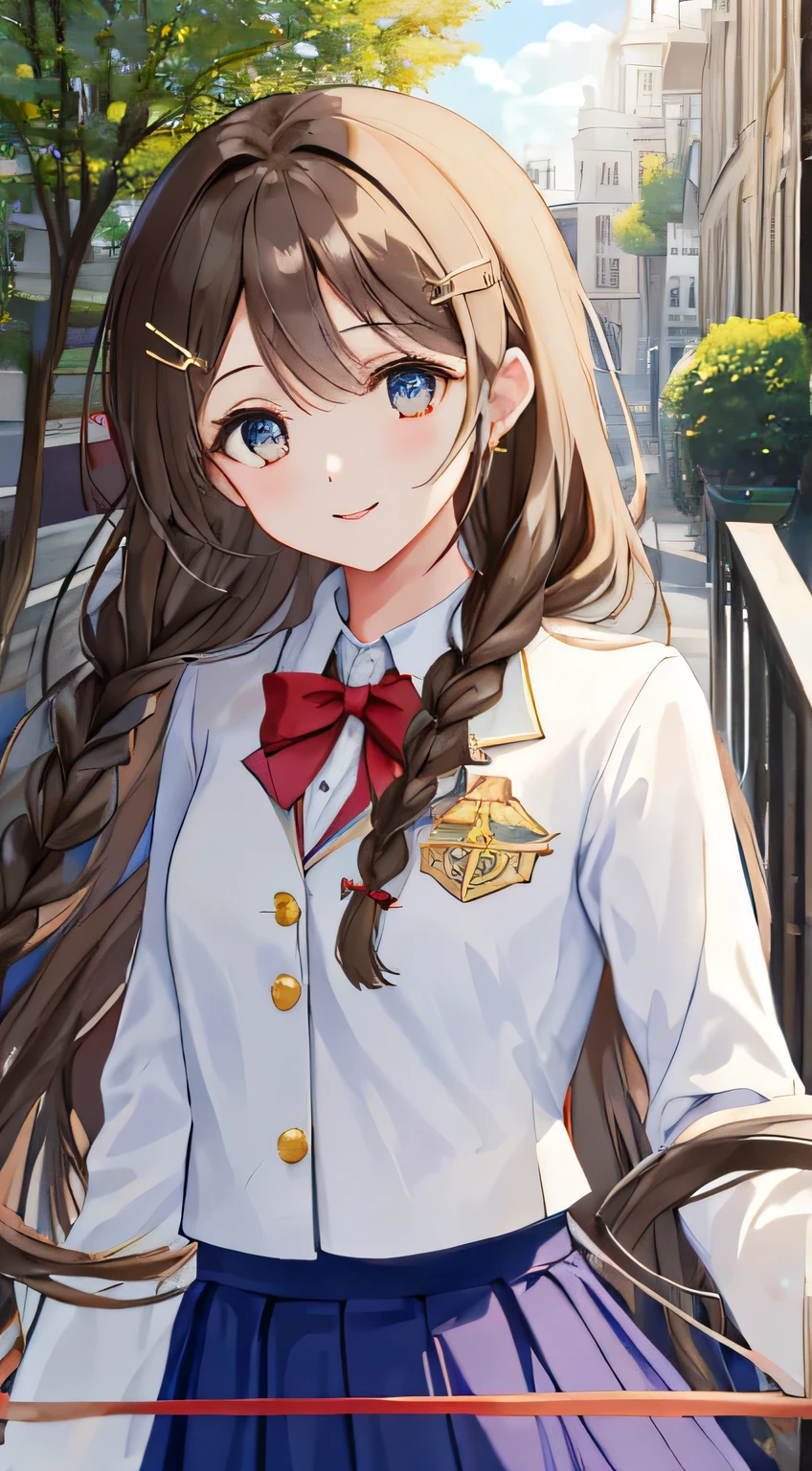 highest quality, (masterpiece:1.2), very detailed, In the background, there are many statues of goddesses lined up., 1 girl, Open your mouth with lipstick on it, nice smile, brown eyes, Long brown hair, , long braids, big shiny hair clip, school uniform, Dark blue and navy plaid skirt, middle long skirt, white shirt, A luxurious navy blazer with a golden emblem on the left chest, big red ribbon on the chest, lipstick、very shiny hair、laughter、bright look、The light makes my face and hair shine, The corners of the eyes are drooping, cute braids, I&#39;m so happy I can jump up, The expression of a maiden in love, twin braid hair, The skirt fabric is a beautiful deep blue color., a shy look
