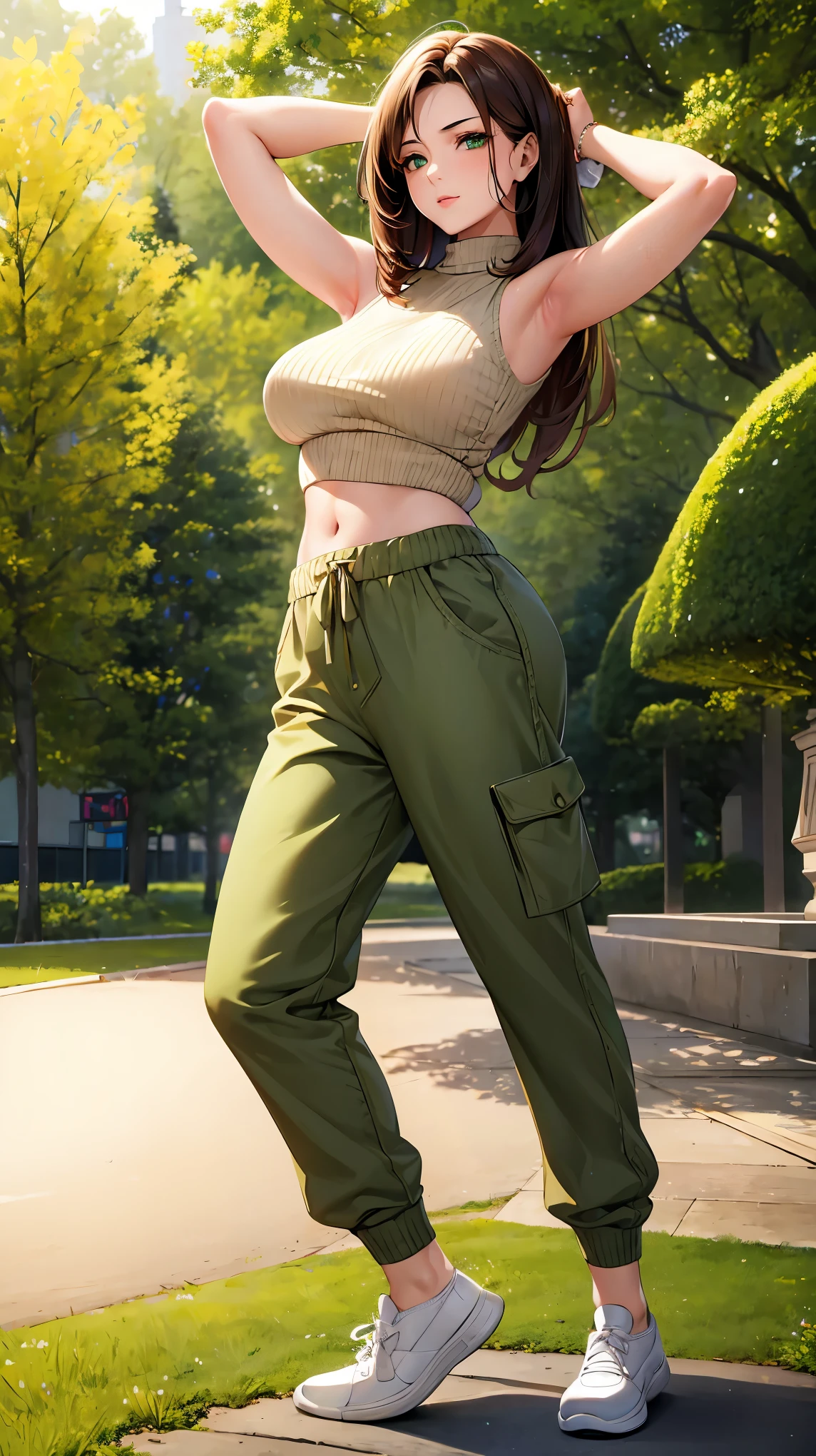 masterpiece,stunning realistic,best quality,sharpness,1girl,brown hair,light green eyes,middle large breasts,cropped knitted sweater,baggy pants,full body,standing in a park,front view,(arms back:1.1)