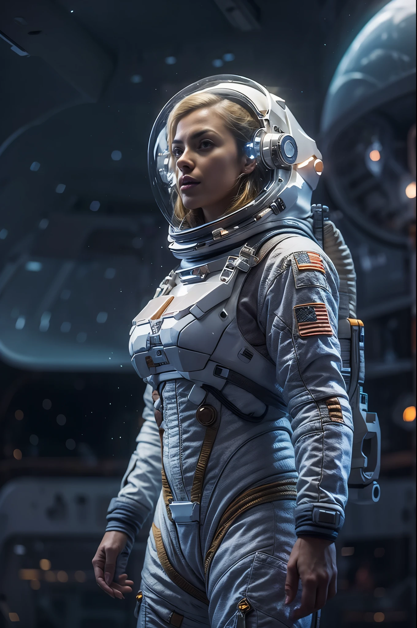 Masterpiece,  a beautiful 25 years old european solitary blonde woman astronaut,  desolated planet landscape, space and stars, electric atmosphere, utility belt, Metallic Gray Zinc, sci-fi, ultra high res.photorealistic, 16k, UHD, HDR, the best quality, body-tight astronaut suit, intricate, the most fantastic details, RAW, dramatic lighting, full body, space ships in the sky, realistic reflections, sunrise, to scale, lonely, determined, dynamic posture, a space military compound in the background