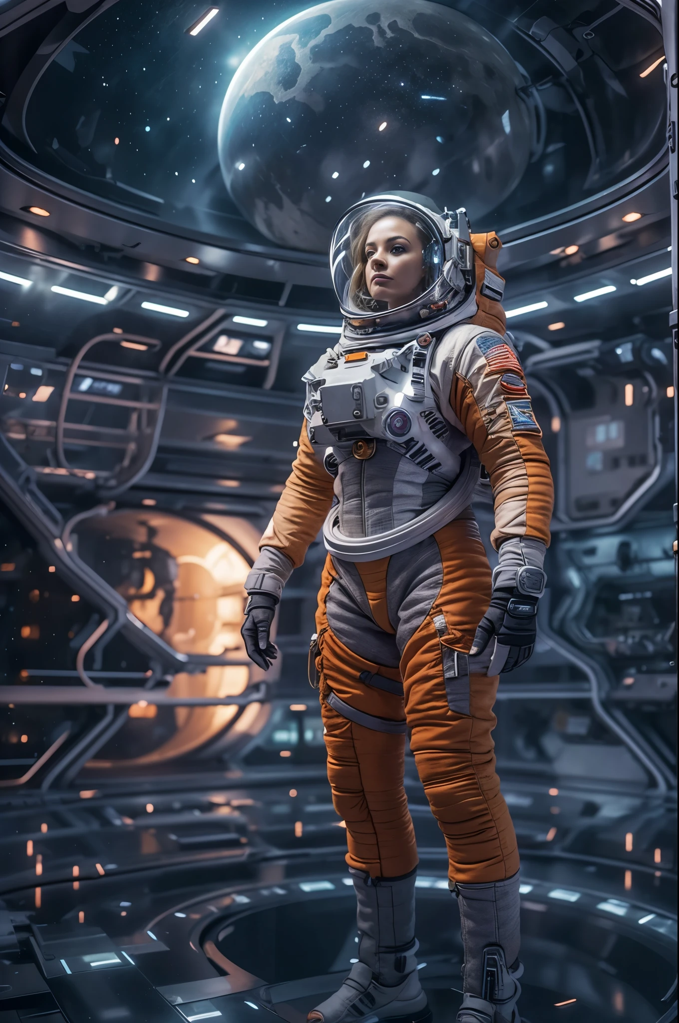 Masterpiece,  a beautiful 25 years old european solitary blonde woman astronaut,  desolated planet landscape, space and stars, electric atmosphere, utility belt, Metallic Gray Zinc, sci-fi, ultra high res.photorealistic, 16k, UHD, HDR, the best quality, body-tight astronaut suit, intricate, the most fantastic details, RAW, dramatic lighting, full body, space ships in the sky, realistic reflections, sunrise, to scale, lonely, determined, dynamic posture, a space military compound in the background