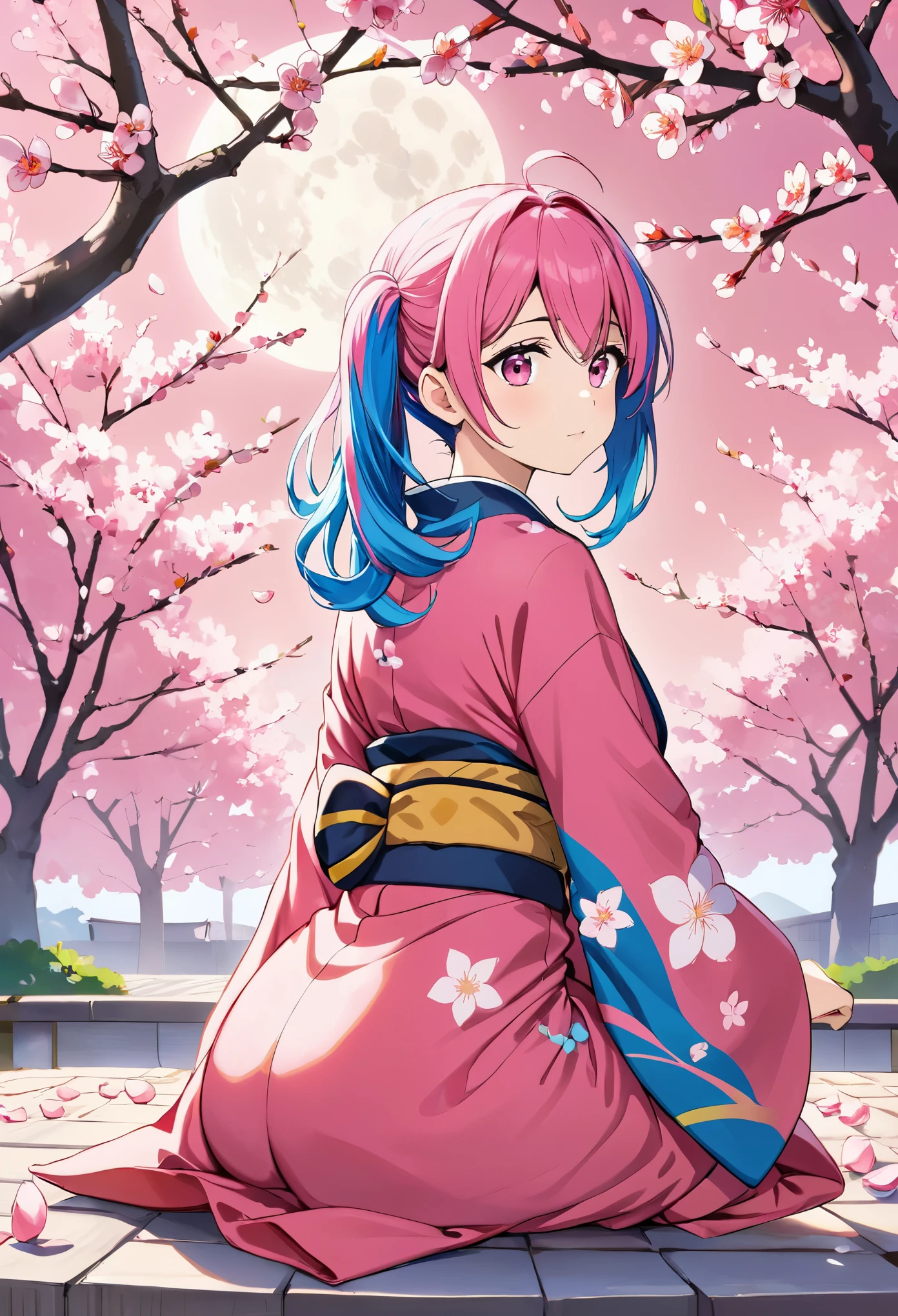 anime, one girl, colorful hair,pink hair and blue hair、 Hair is tangled, pink eyes, color、Kyoto, Cherry tree、petal、moon, kimono、sitting, alone,
