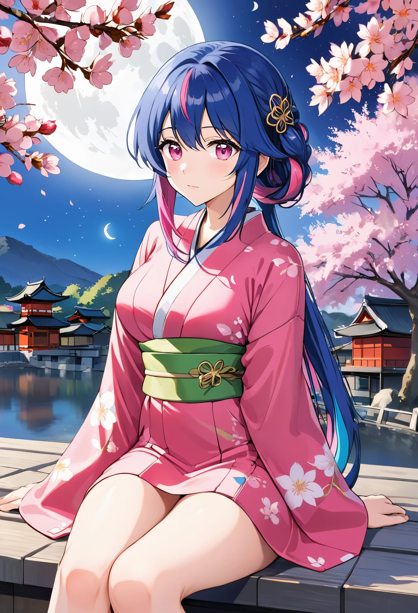 anime, one girl, colorful hair,pink hair and blue hair、 Hair is tangled, pink eyes, color、Kyoto, Cherry tree、petal、moon,  kimono、sitting, alone,