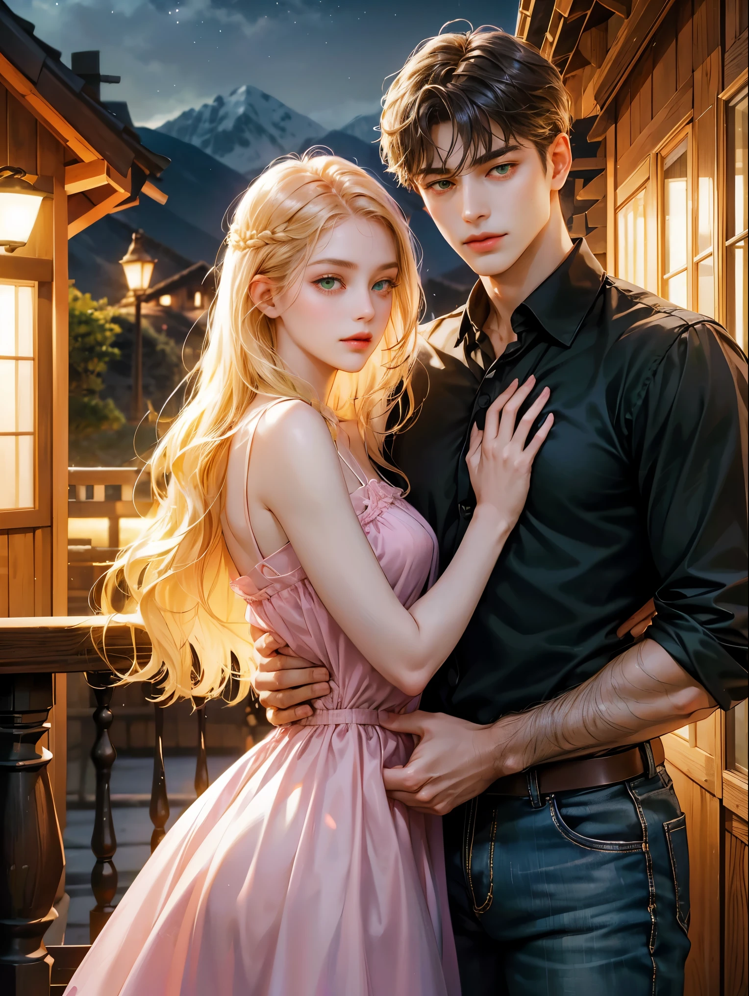 Couple, 1 girl 1 boy, different hair color, long blonde wavy hair no bangs and grey eyes, pink sundress, short black hair and (green eyes). Black shirt open and jeans, height different, detailed eyes, looking the viewer. They hug. Background mountain chalet at night