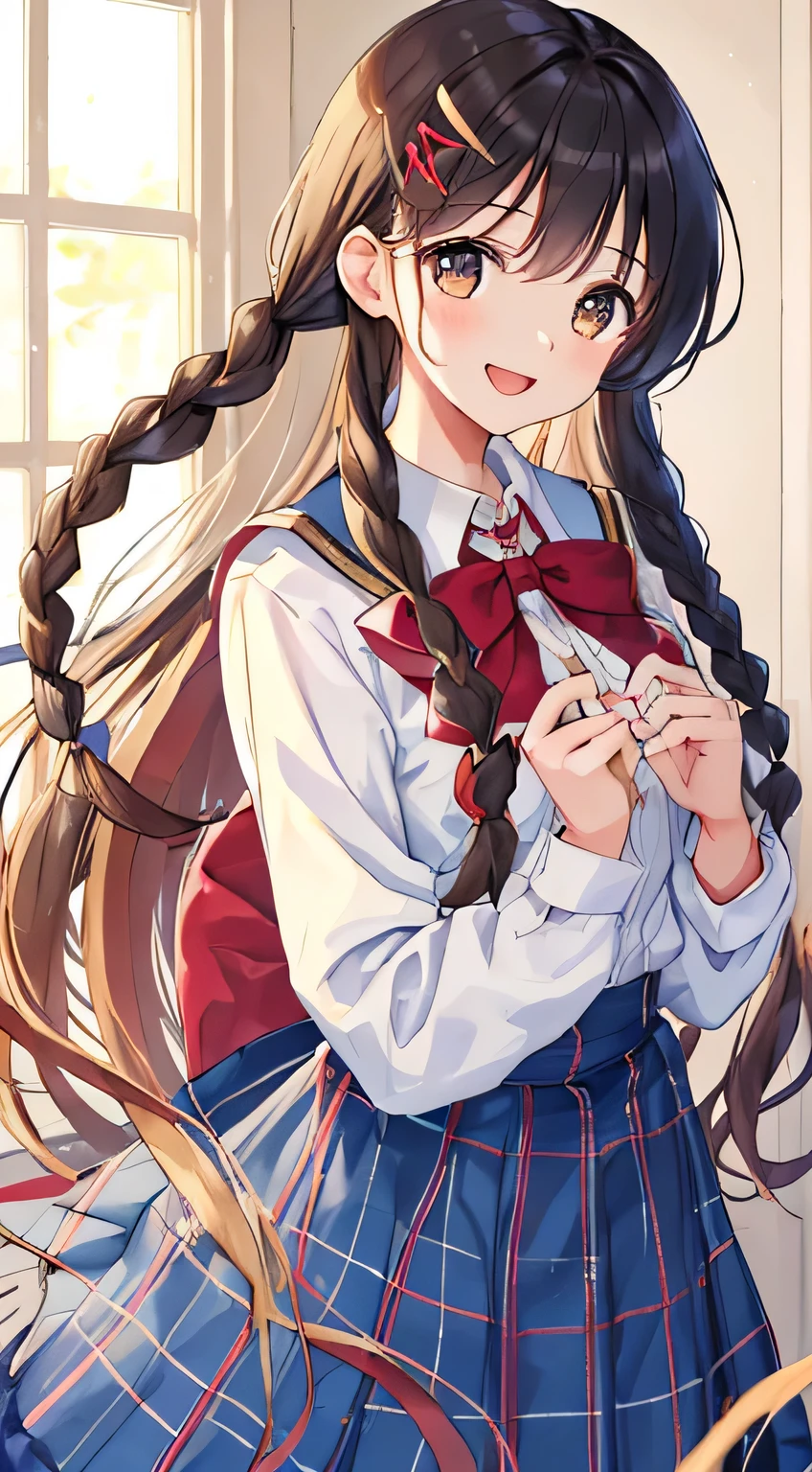 highest quality, (masterpiece:1.2), very detailed, The background is a girlish room decorated with many uniforms., 1 girl, open your mouth, nice smile, brown eyes, Long brown hair, , long braids, big hair clip, school uniform, dark blue plaid skirt, middle long skirt, white shirt, blue jacket, Golden emblem on left chest, big red ribbon on the chest, lipstick、very shiny hair、laughter、bright look、The light makes my face and hair shine, The corners of the eyes are drooping, cute braids, I'm so happy I can jump up, The expression of a maiden in love, twin braid hair