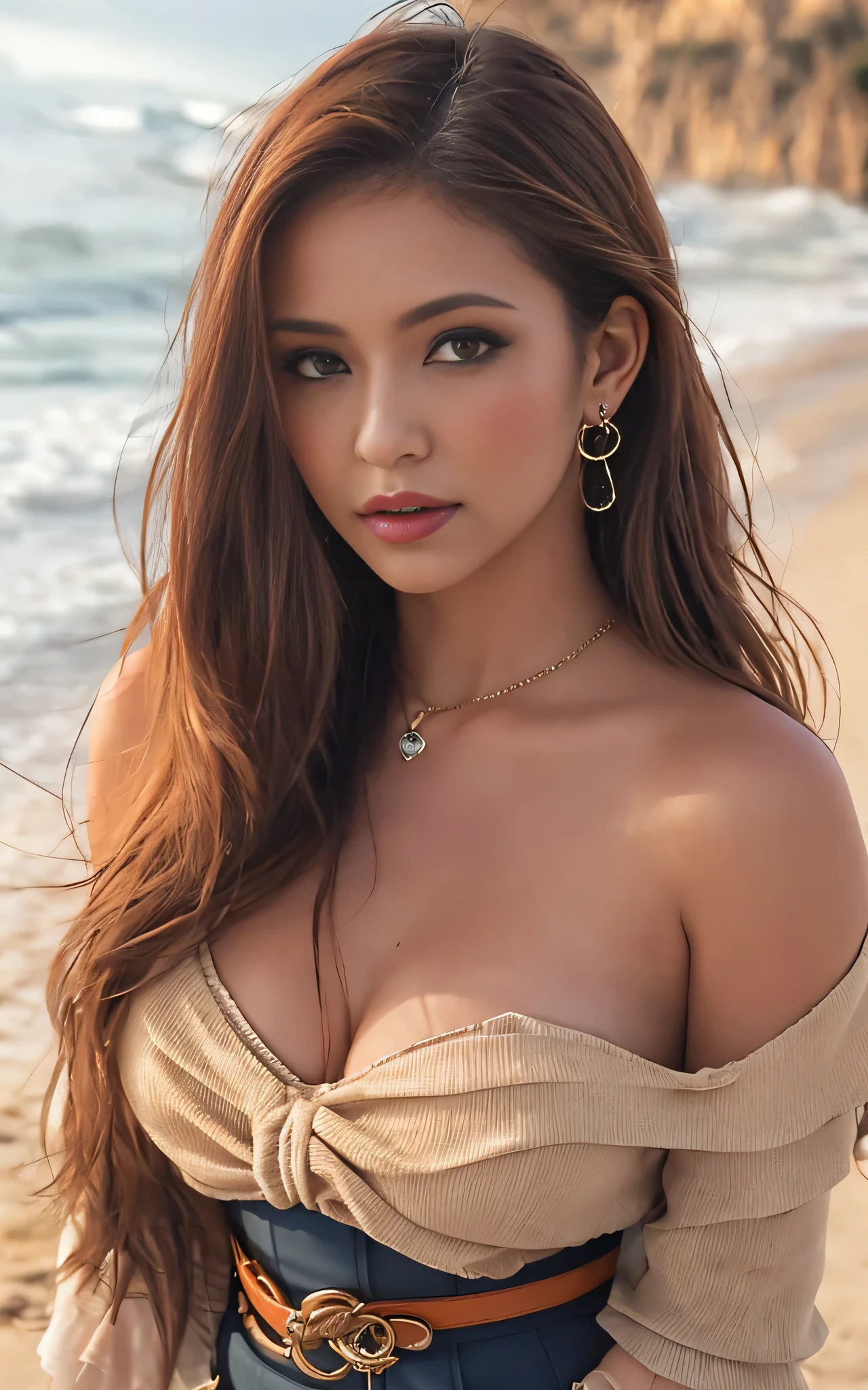 Woman walking on the beach at sunset, depth of fields, Soft orange light illuminating a woman, ((thick body)), Textured skin, The person is clear, length hair, Nostalgic and refreshing atmosphere, A worried look, One Woman Standing, Light makeup, Crisp drawing, Attractive woman, flowing silhouettes, A woman wearing a blouse and dark tight skirt, Symmetrical blouse, tight skirt and thin belt, Elegant materials and design, small earring, Small bracelet, Sophisticated style