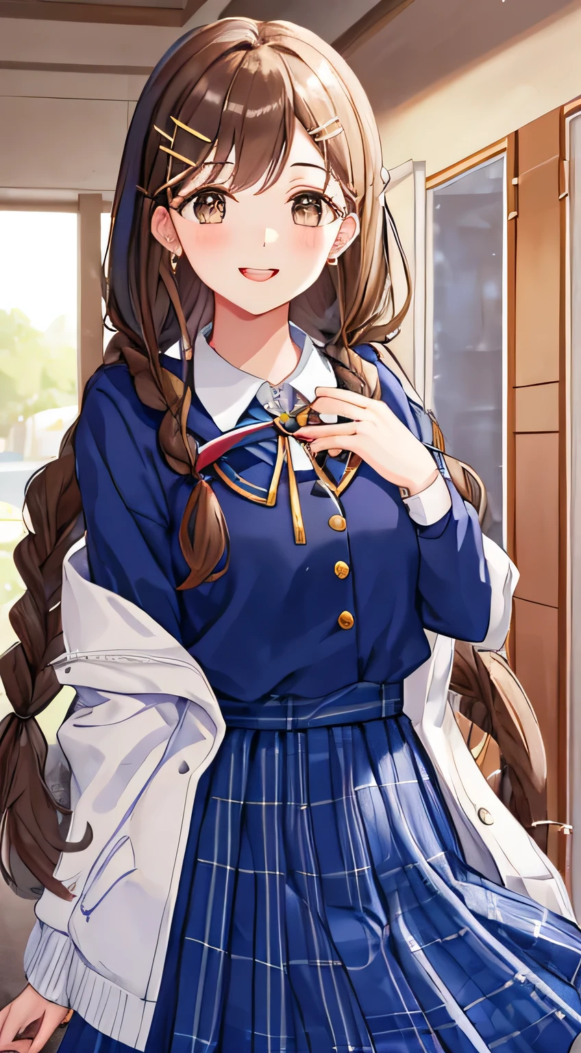 highest quality, (masterpiece:1.2), very detailed, In the background, there are many statues of goddesses lined up., 1 girl, Open your mouth with lipstick on it, nice smile, brown eyes, Long brown hair, 15 years old, long braids, big shiny hair clip, school uniform, Dark blue and navy plaid skirt, middle long skirt, white shirt, navy blue jacket, Golden emblem on left chest, big red ribbon on the chest, lipstick、very shiny hair、laughter、bright look、The light makes my face and hair shine, The corners of the eyes are drooping, cute braids, I&#39;m so happy I can jump up, The expression of a maiden in love, twin braid hair, The skirt fabric is a beautiful deep blue color.