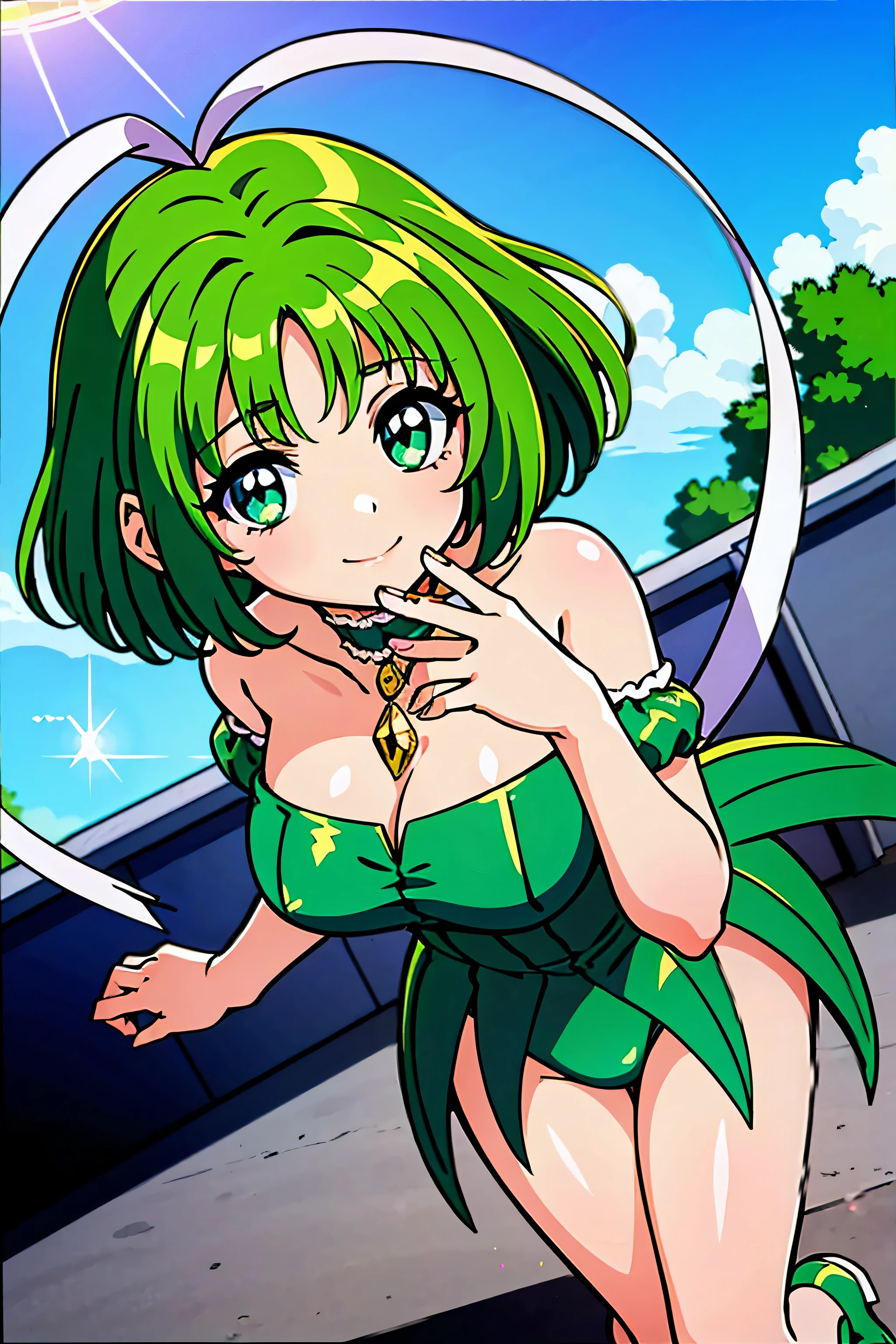 (best quality:1.3),(ultra-detailed:1.5),high resolution,extremely detailed CG,unity 8k wallpaper,official art,detailed,super detailed skin,perfect anatomy,beautiful detailed eyes,(anime screencap:1.1),an extremely delicate and beautiful,90s anime,90s anime style,cel shaded anime,1 girl,anmnr,,Mew lettuce,
green hair, green eyes, (green leotard:1.52), green shirt, green choker, bridal garter on left leg, puffy removed sleeve, short hair, hair tube,blue background,boots, choker, removed sleeve, floating hair, green shoes, green theme, Magical girl, plump sleeves, smile, alone
(shining eyes),highly be familiar with eyes,highly be familiar with eyes,focus of the eye,(Carefully crafted brilliance, sky blue lens flare:1.7),(expression of joy:1.51),octane rendering,rainbow paint drop,Woman made of paint,Full Paint,(movie background),splat,splash,dark and blurry background,close,(best lighting, very delicate and beautiful),Detailed beautiful shine,(soft light:1.2),(Soft Money tone lighting),Warm and soft lighting,dramatic light,((cinematic light)),ambient occlusion,ambient light,violently,powerful,Absolutely eye-catching splashes of color,((caustic)),raytraced reflections,light shines,waiting for happiness to begin,dutch angle,