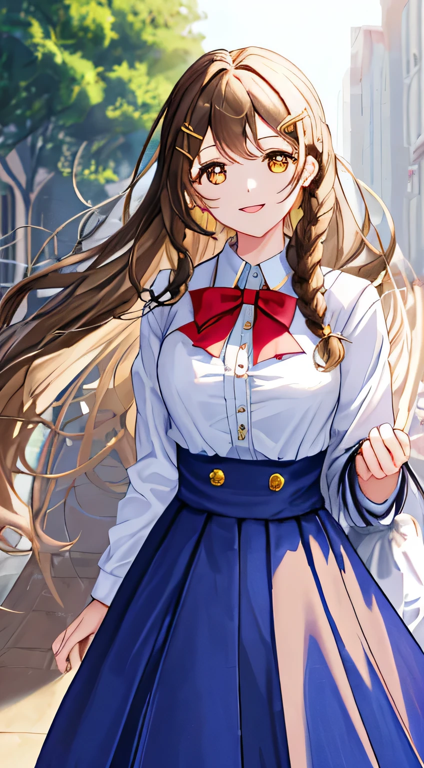 highest quality, (masterpiece:1.2), very detailed, In the background, there are many statues of goddesses lined up., 1 girl, Open your mouth with lipstick on it, nice smile, brown eyes, Long brown hair, , long braids, big shiny hair clip, school uniform, Dark blue and navy plaid skirt, middle long skirt, white shirt, A luxurious navy blazer with a golden emblem on the left chest, big red ribbon on the chest, lipstick、very shiny hair、laughter、bright look、The light makes my face and hair shine, The corners of the eyes are drooping, cute braids, I'm so happy I can jump up, The expression of a maiden in love, twin braid hair, The skirt fabric is a beautiful deep blue color., a shy look, soprano chorus