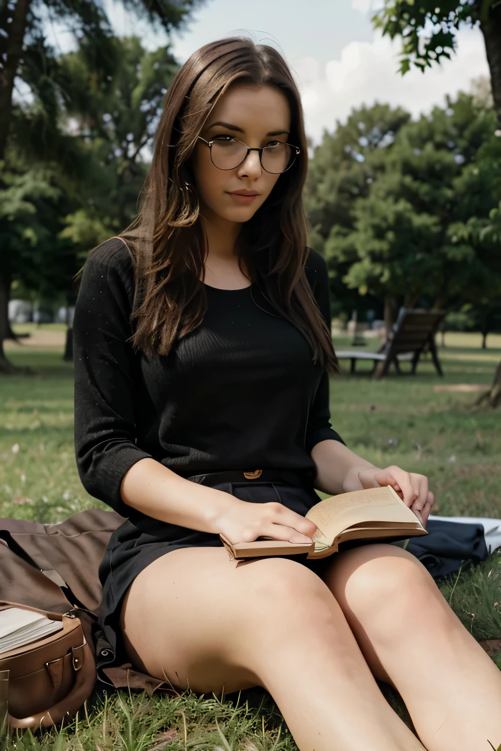 Realistic girl, brunette, wearing glasses sitting on the grass with a book