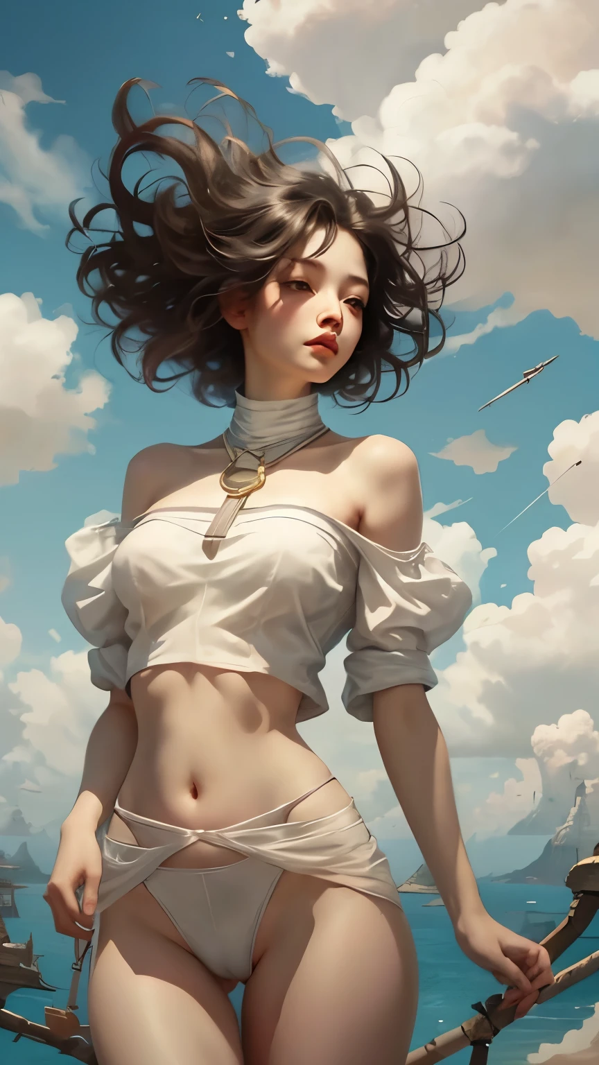 masterpiece, best quality, stills, 1 girl, floating in the sky, cloud girl, cloud, (close up:1.1), bright, happy, pleasure, soft light, (Bauhaus, shape, Wire, Abstract:1.1),Off the shoulders,Strapless,Tight and sexy semi-sheer crop top,perfect ,Breasts are looming,The lower half of the chest is completely exposed,Show belly button,白色t-back,camel toe protrusion,Showing thighs
