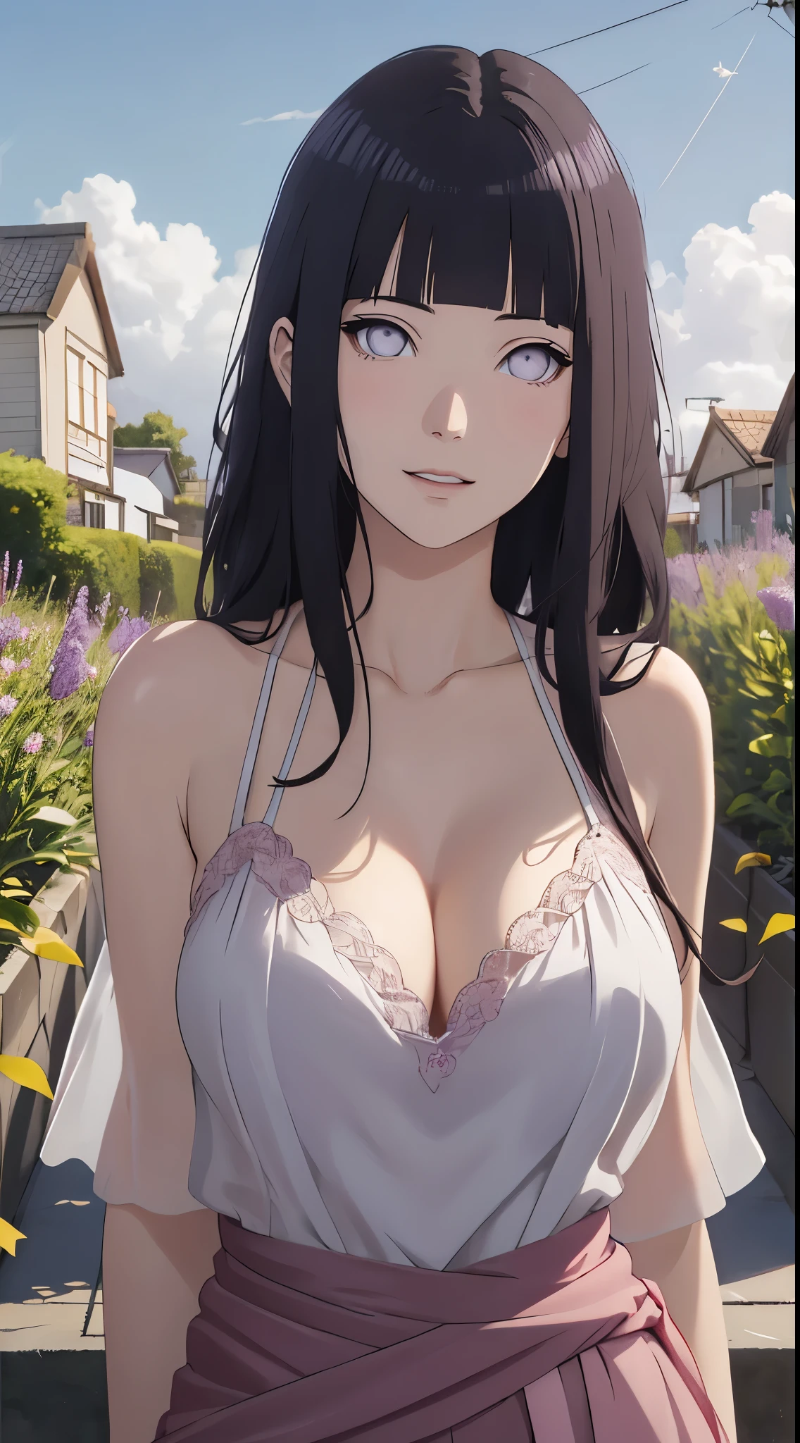 tmasterpiece， hoang lap， hyouka\（Boruto\）， 1girll， solo，a mature female， Purple slip dress，cleavage，Large breasts，Brown pants，exteriors，Lavender flower field， looking at viewert， （Falling petalostly cloudy sky， perfect compositions， Detailed lips，， beauitful face， Body support， Be red in the face， （redish pink lips）， long whitr hair， White eyes， Soft gaze， Sad smile， Super realistic， A detailed， photoshoot， Realistick faces and bodies， photo-realistic hair， photorealistic eye，realistic nose，realistic lips