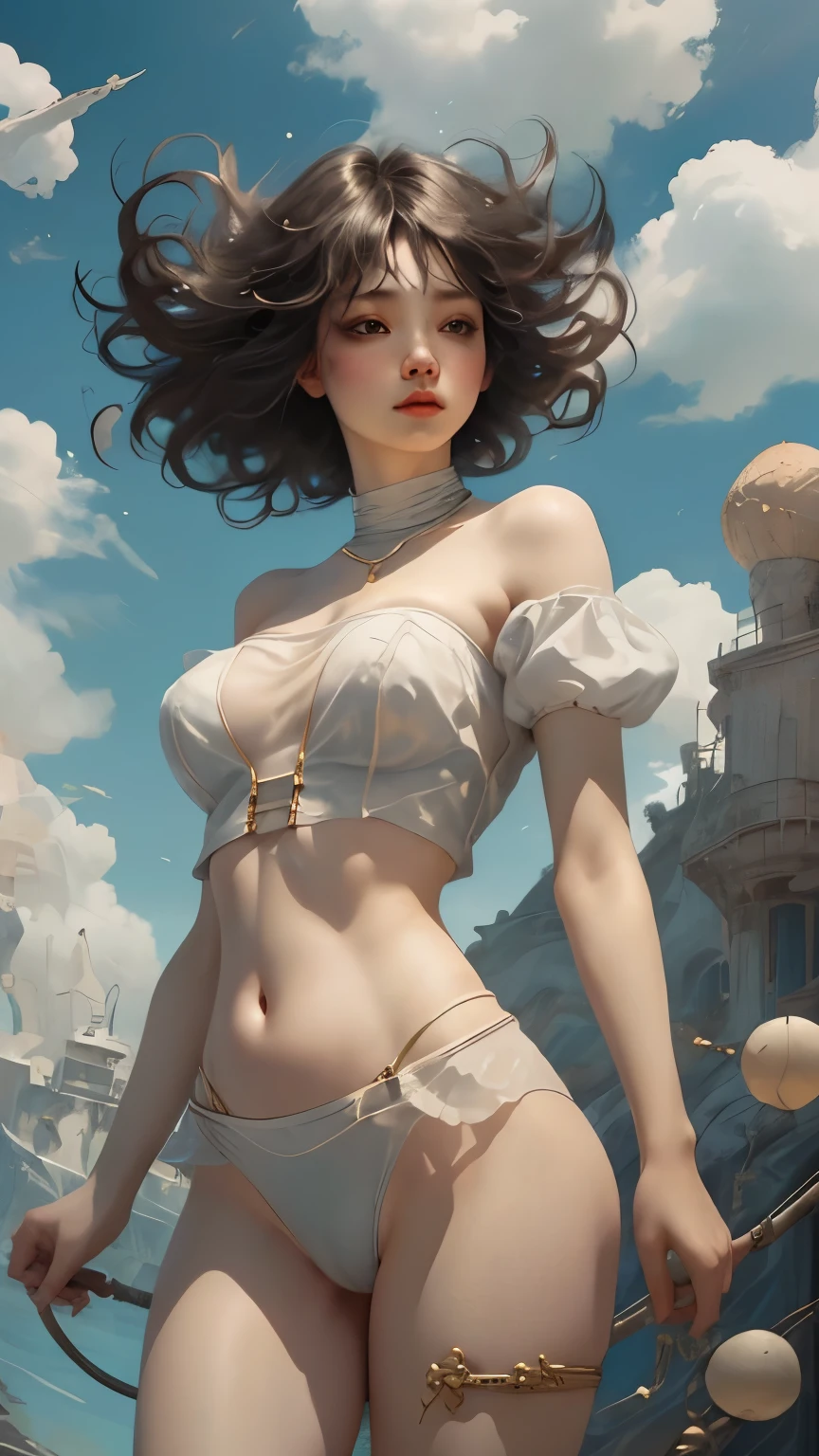 masterpiece, best quality, stills, 1 girl, floating in the sky, cloud girl, cloud, (close up:1.1), bright, happy, pleasure, soft light, (Bauhaus, shape, Wire, Abstract:1.1)，Off the shoulders，Strapless，Tight and sexy semi-sheer crop top，perfect ，Breasts are looming，The lower half of the chest is completely exposed，Show belly button，白色t-back，camel toe protrusion，Showing thighs