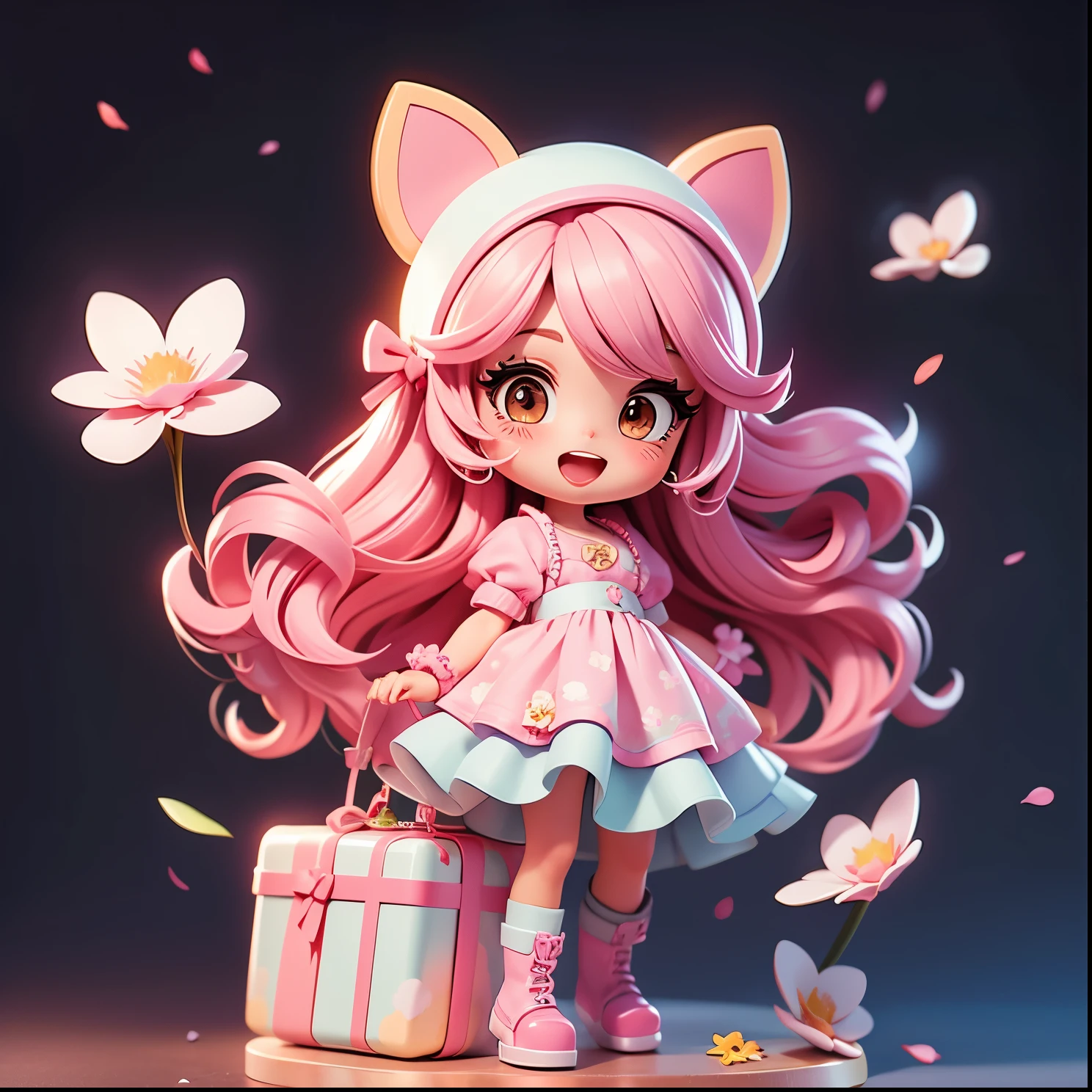 Pink room，坐在gift box上、cute girl,whole body、long hair-, pink iridescent hair,boots,open mouth，bright smile、kawaii pose、flowing iridescent silk、face、raise your eyes、Colorcon heart pattern、floral dress、There are flowers even in front of me、Sakura petals、season!!: spring，Cute toys，gift box，suitcases，Small animals